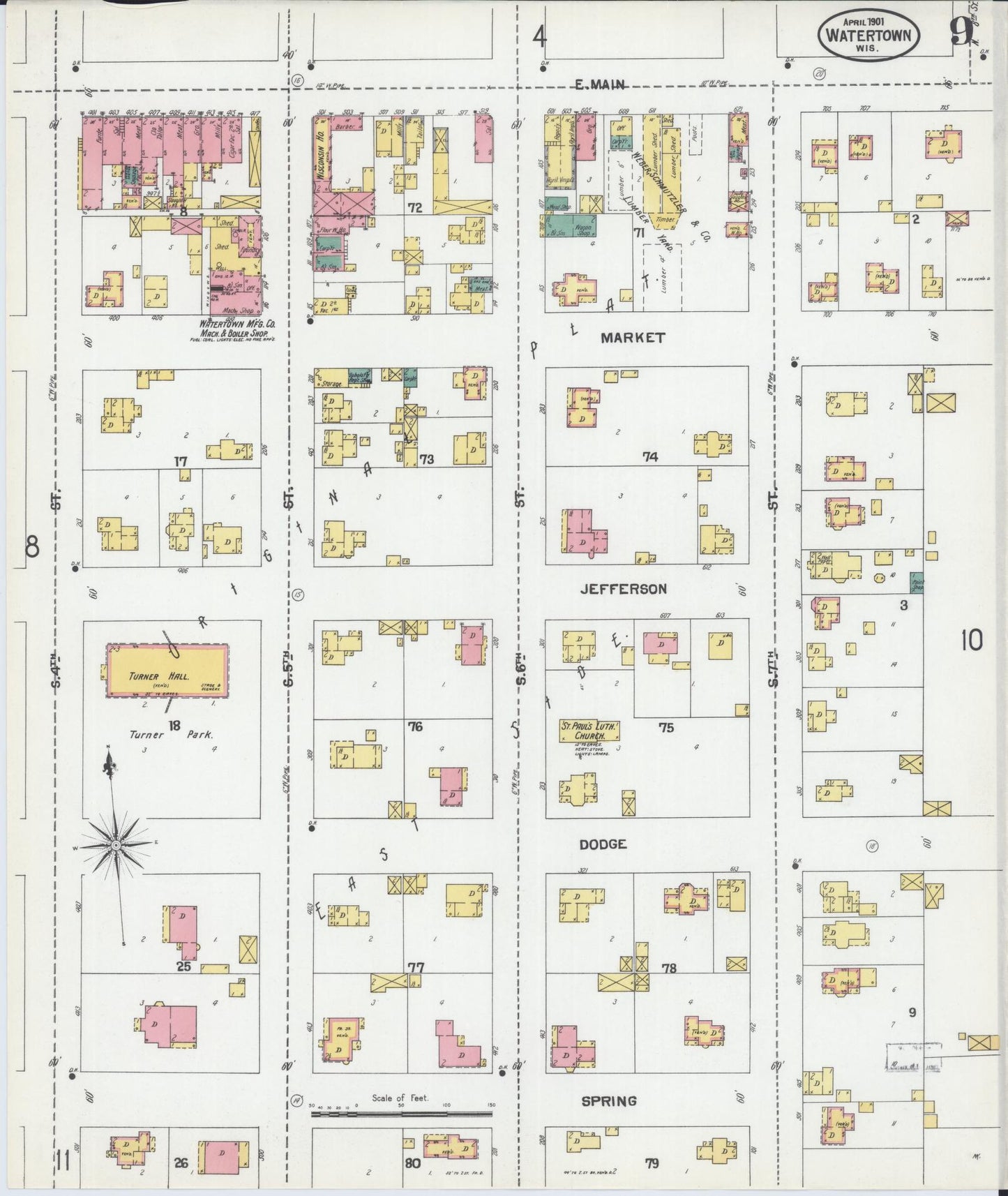 Sanborn Fire Insurance Map from Watertown, Jefferson County, Wisconsin (1901), Sheet #0009 - Historic Sanborn Fire Insurance Map Print, vintage old map wall art, antique decor, genealogy gift, Wisconsin Wisconsin map
