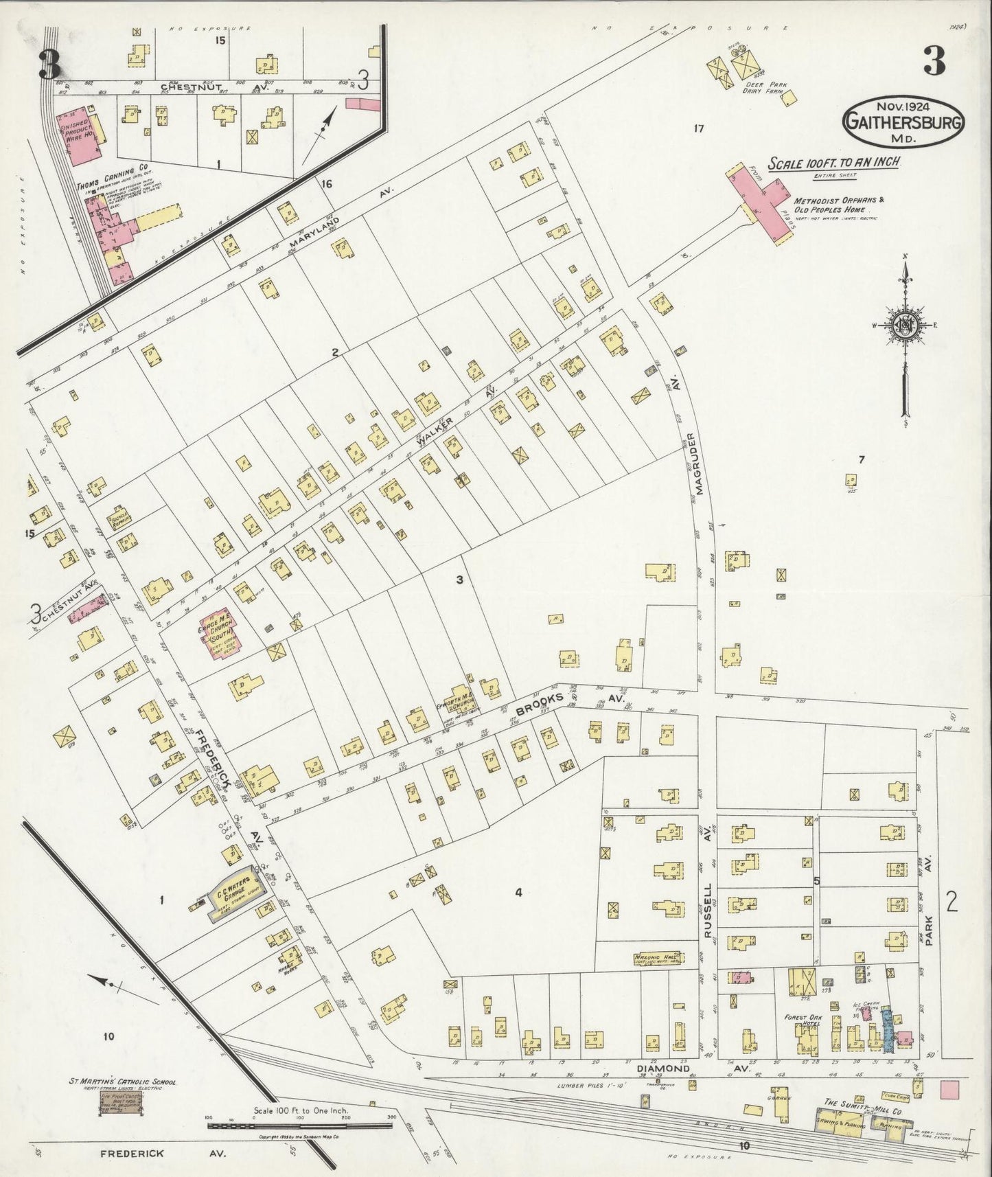 Sanborn Fire Insurance Map from Gaithersburg, Montgomery County, Maryland (1924), Sheet #0003 - Historic Sanborn Fire Insurance Map Print, vintage old map wall art