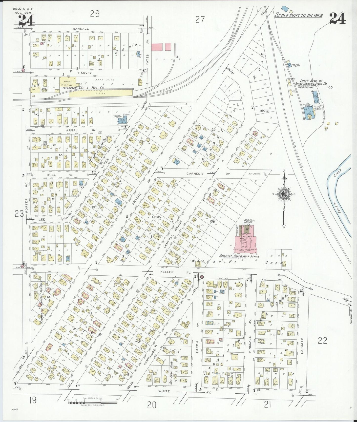 Sanborn Fire Insurance Map from Beloit, Rock County, Wisconsin (1939), Sheet #0024 - Historic Sanborn Fire Insurance Map Print, vintage old map wall art, antique decor, genealogy gift, Wisconsin Wisconsin map