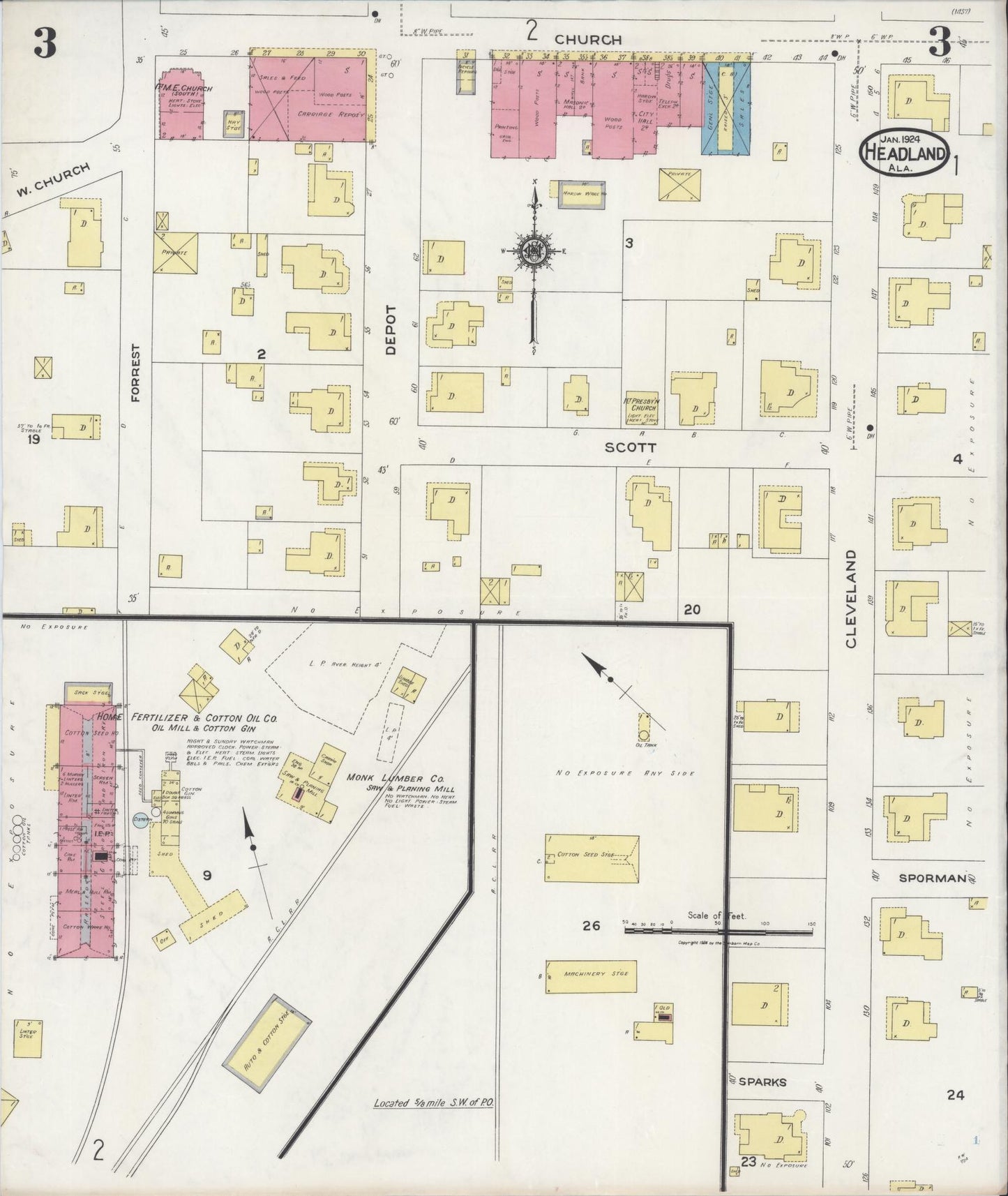 Sanborn Fire Insurance Map from Headland, Henry County, Alabama (1924), Sheet #0003 - Complete Map Set gallery image, historic Sanborn map, vintage wall art, Alabama Alabama