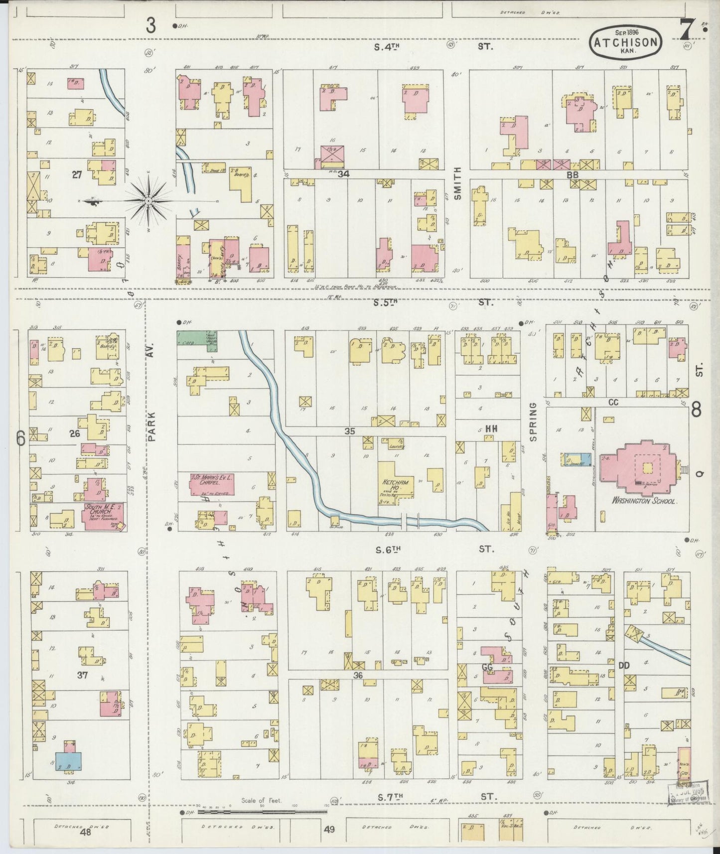 Sanborn Fire Insurance Map from Atchison, Atchison County, Kansas (1896), Sheet #0007 - Historic Sanborn Fire Insurance Map Print, vintage old map wall art, antique decor, genealogy gift, Kansas Kansas map