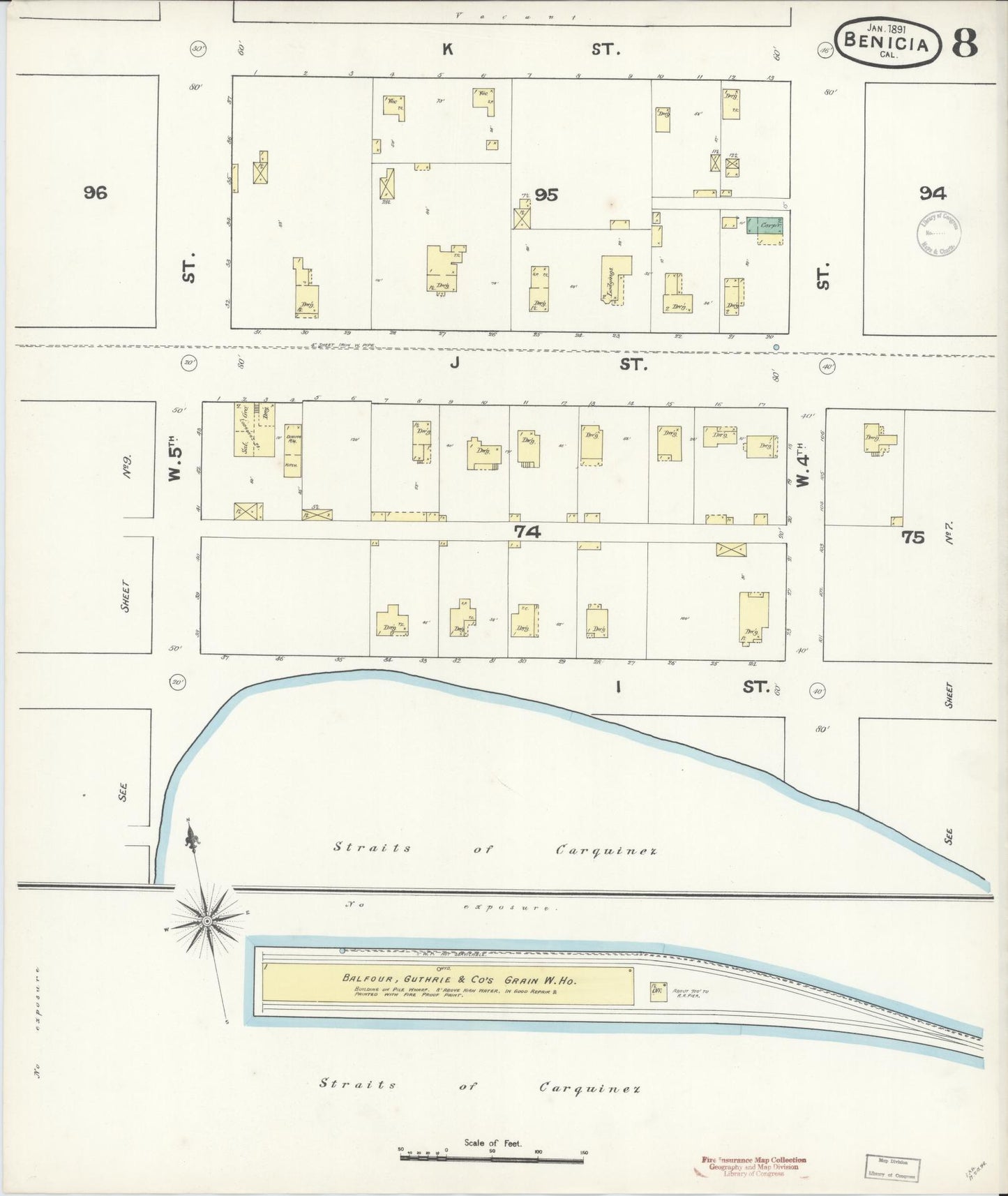 Sanborn Fire Insurance Map from Benicia, Solano County, California (1891), Sheet #0008 - Historic Sanborn Fire Insurance Map Print, vintage old map wall art, antique decor, genealogy gift, California California map