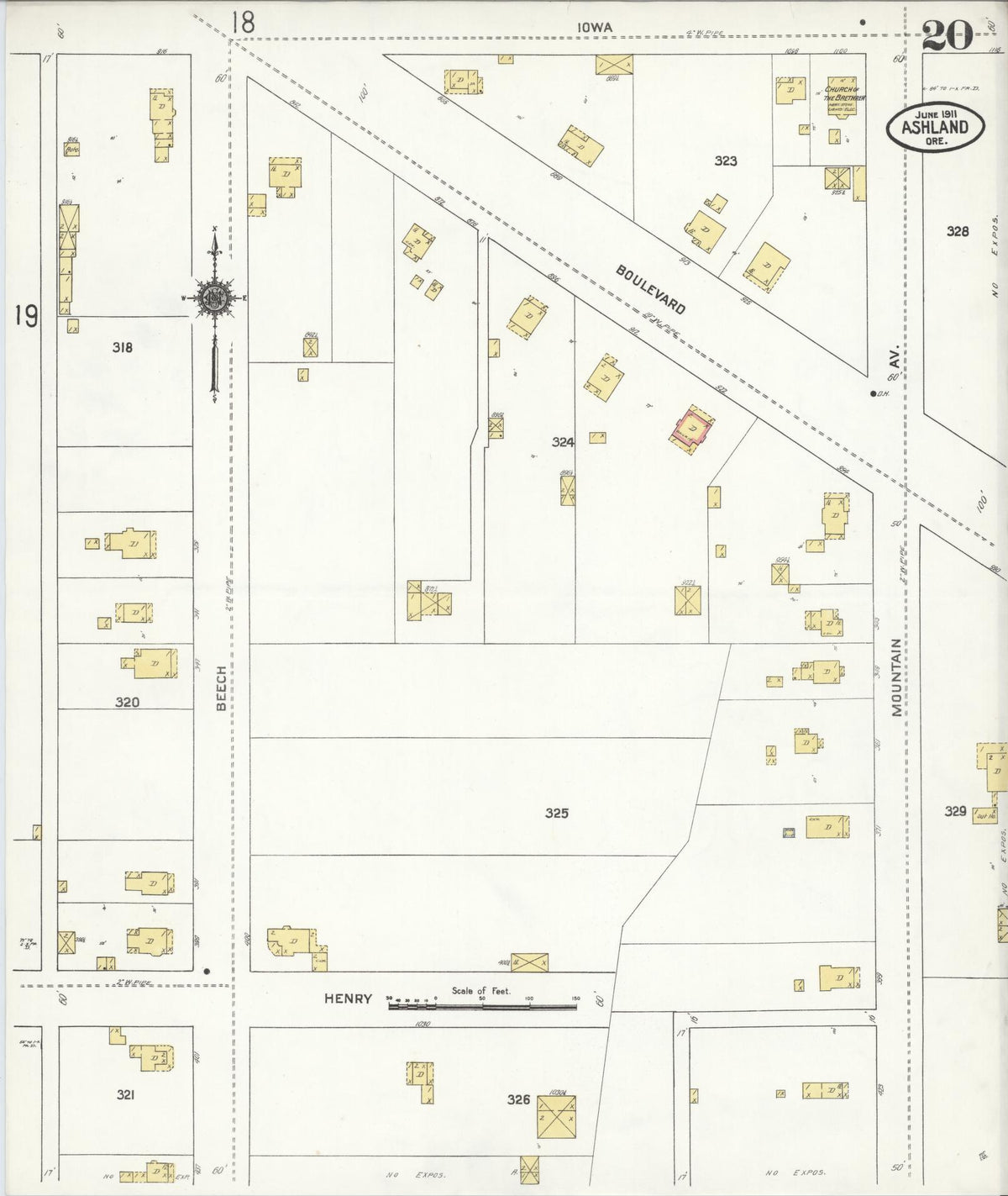 Sanborn Fire Insurance Map from Ashland, Jackson County, Oregon (1911), Sheet #0020 - Historic Sanborn Fire Insurance Map Print, vintage old map wall art, antique decor, genealogy gift, Oregon Oregon map