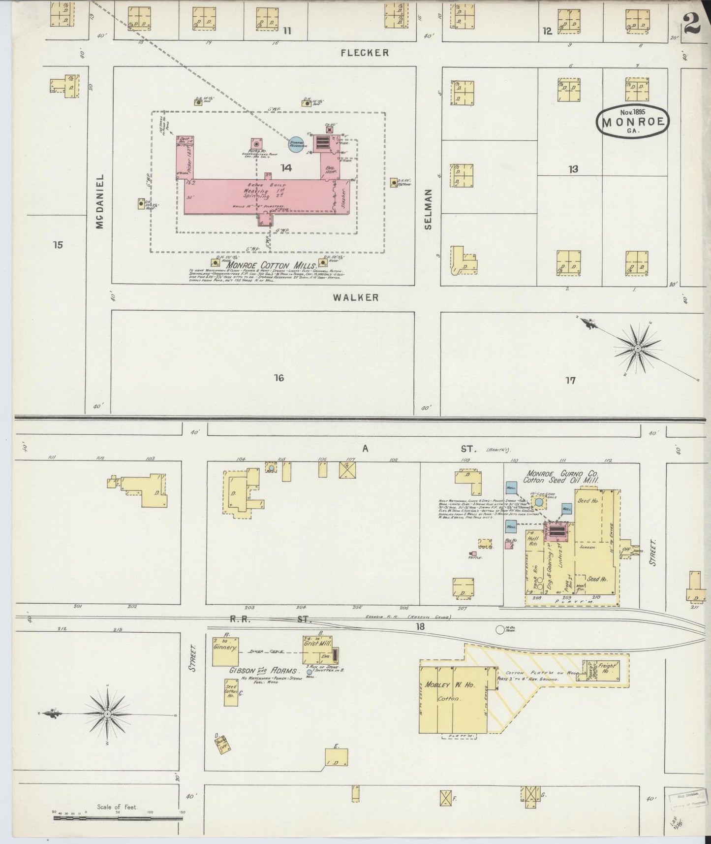 Sanborn Fire Insurance Map from Monroe, Walton County, Georgia (1895), Sheet #0002 - Complete Map Set gallery image, historic Sanborn map, vintage wall art, Georgia Georgia