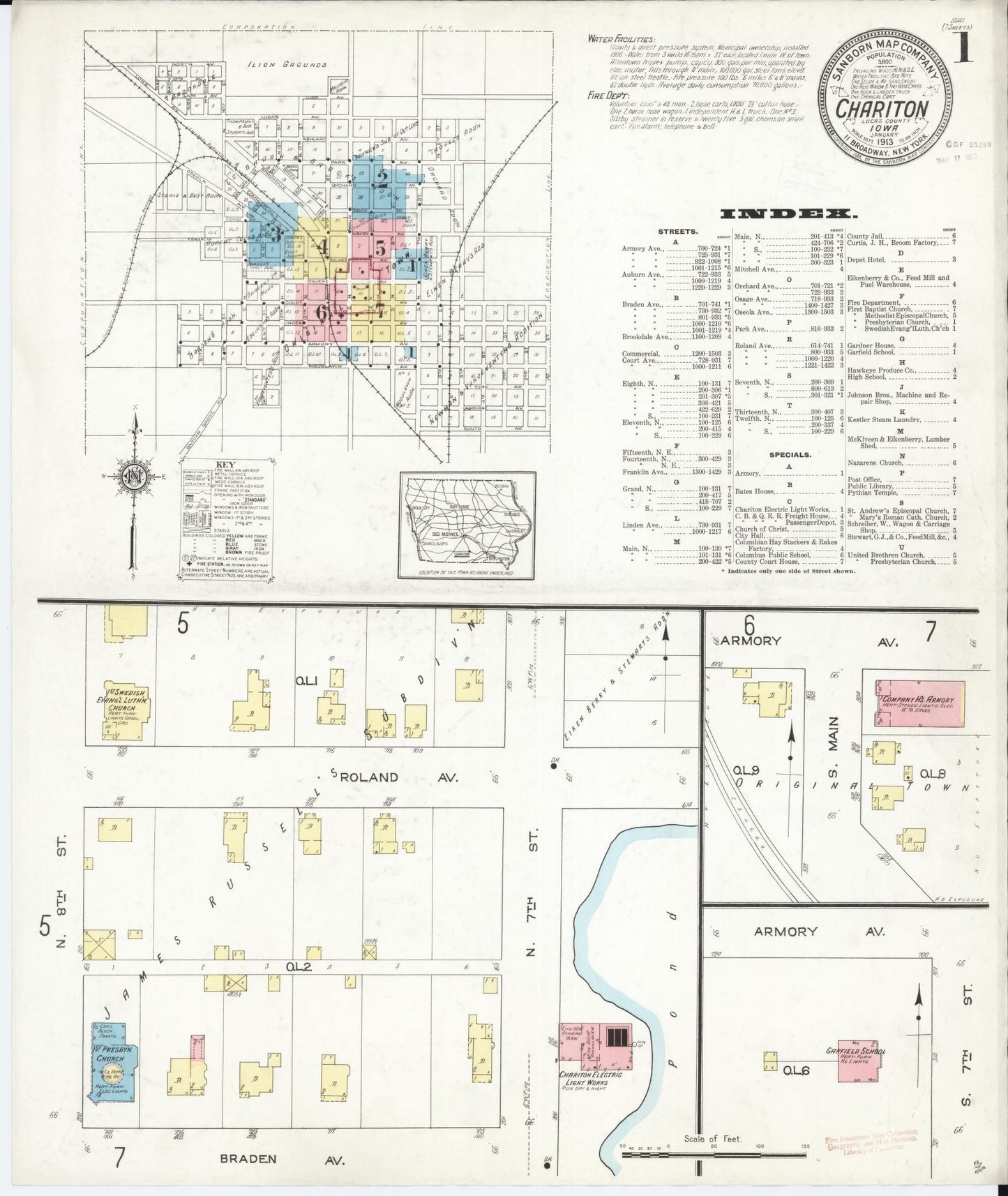 Sanborn Fire Insurance Map from Chariton, Lucas County, Iowa (1913), Sheet #0001 - Historic Sanborn Fire Insurance Map Print, vintage old map wall art