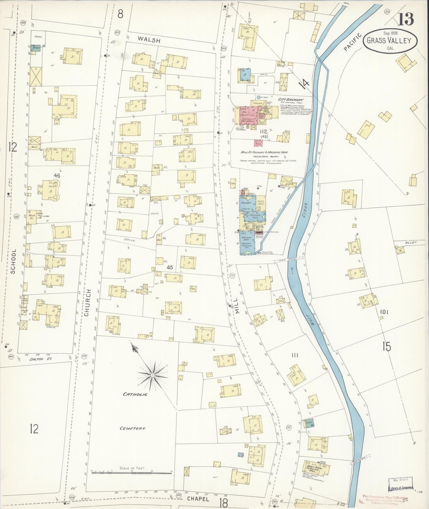 Sanborn Fire Insurance Map from Grass Valley, Nevada County, California (1898), Sheet #0013 - Historic Sanborn Fire Insurance Map Print, vintage old map wall art, antique decor, genealogy gift, California California map