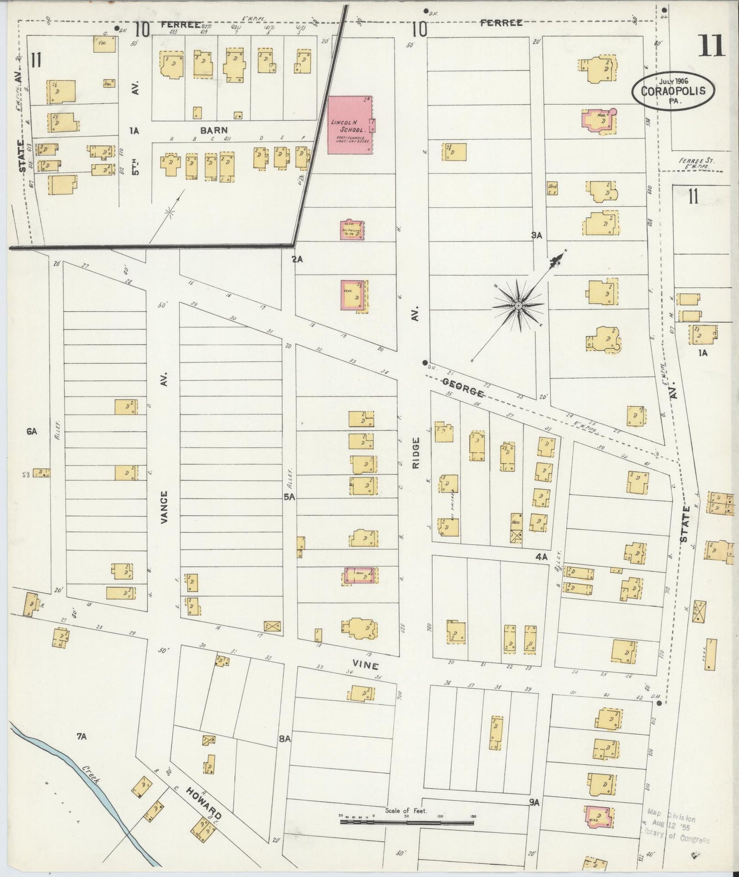Sanborn Fire Insurance Map from Coraopolis, Allegheny County, Pennsylvania (1906), Sheet #0011 - Historic Sanborn Fire Insurance Map Print, vintage old map wall art, antique decor, genealogy gift, Pennsylvania Pennsylvania map