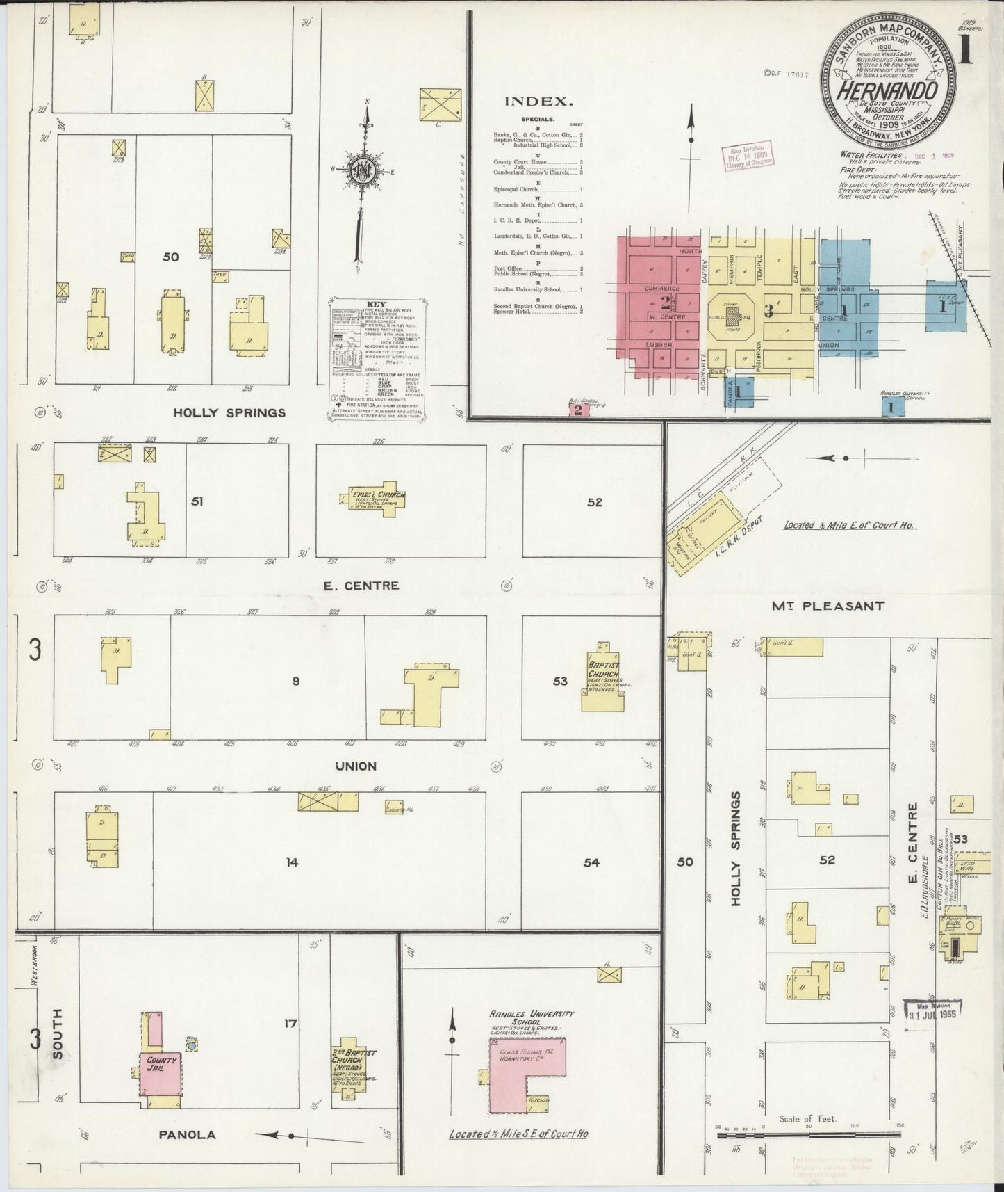 Sanborn Fire Insurance Map from Hernando, De Soto County, Mississippi (1909), Sheet #0001 - Historic Sanborn Fire Insurance Map Print, vintage old map wall art, antique decor, genealogy gift, Mississippi Mississippi map