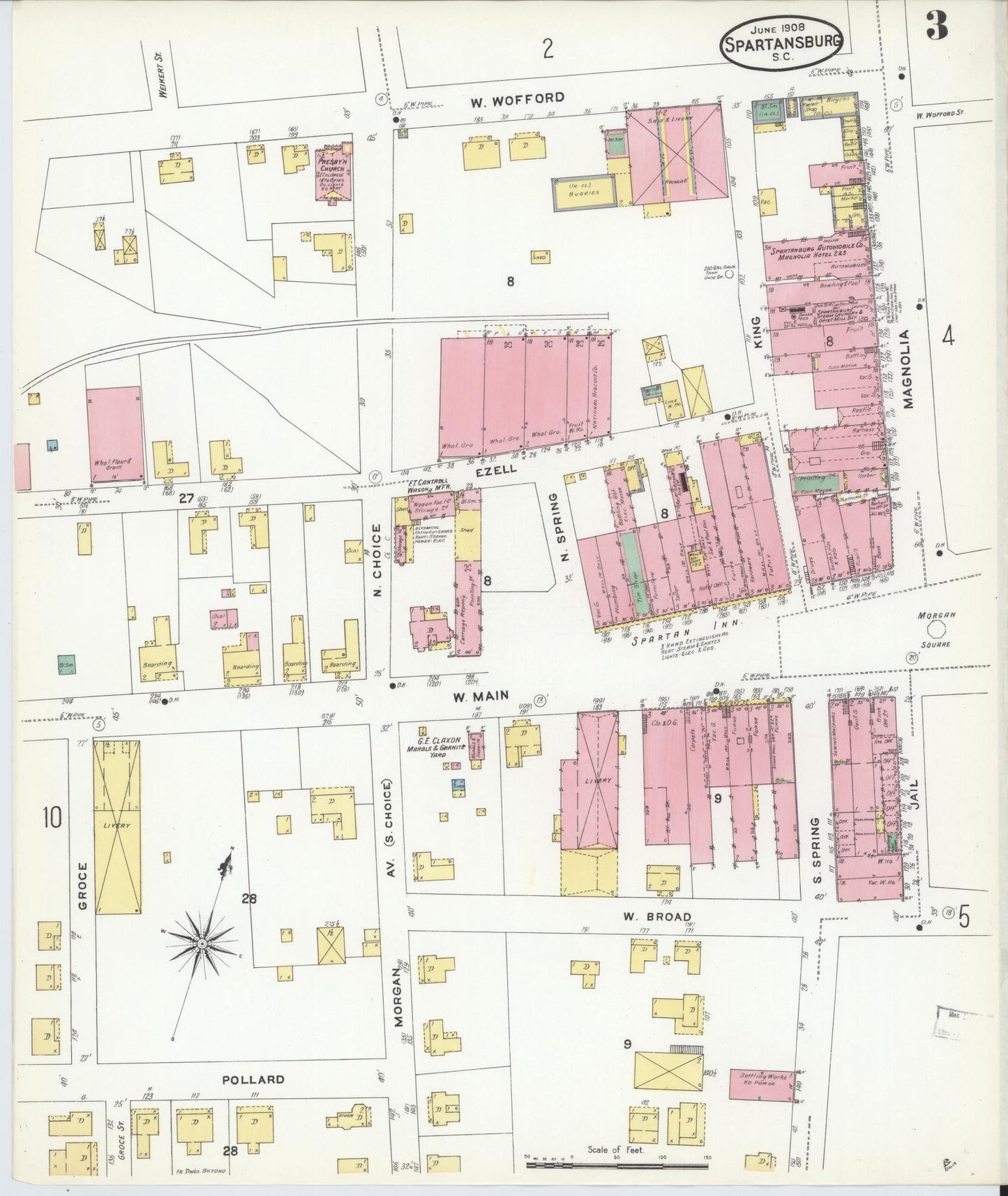 Sanborn Fire Insurance Map from Spartanburg, Spartanburg County, South Carolina (1908), Sheet #0003 - Historic Sanborn Fire Insurance Map Print, vintage old map wall art, antique decor, genealogy gift, South Carolina South Carolina map