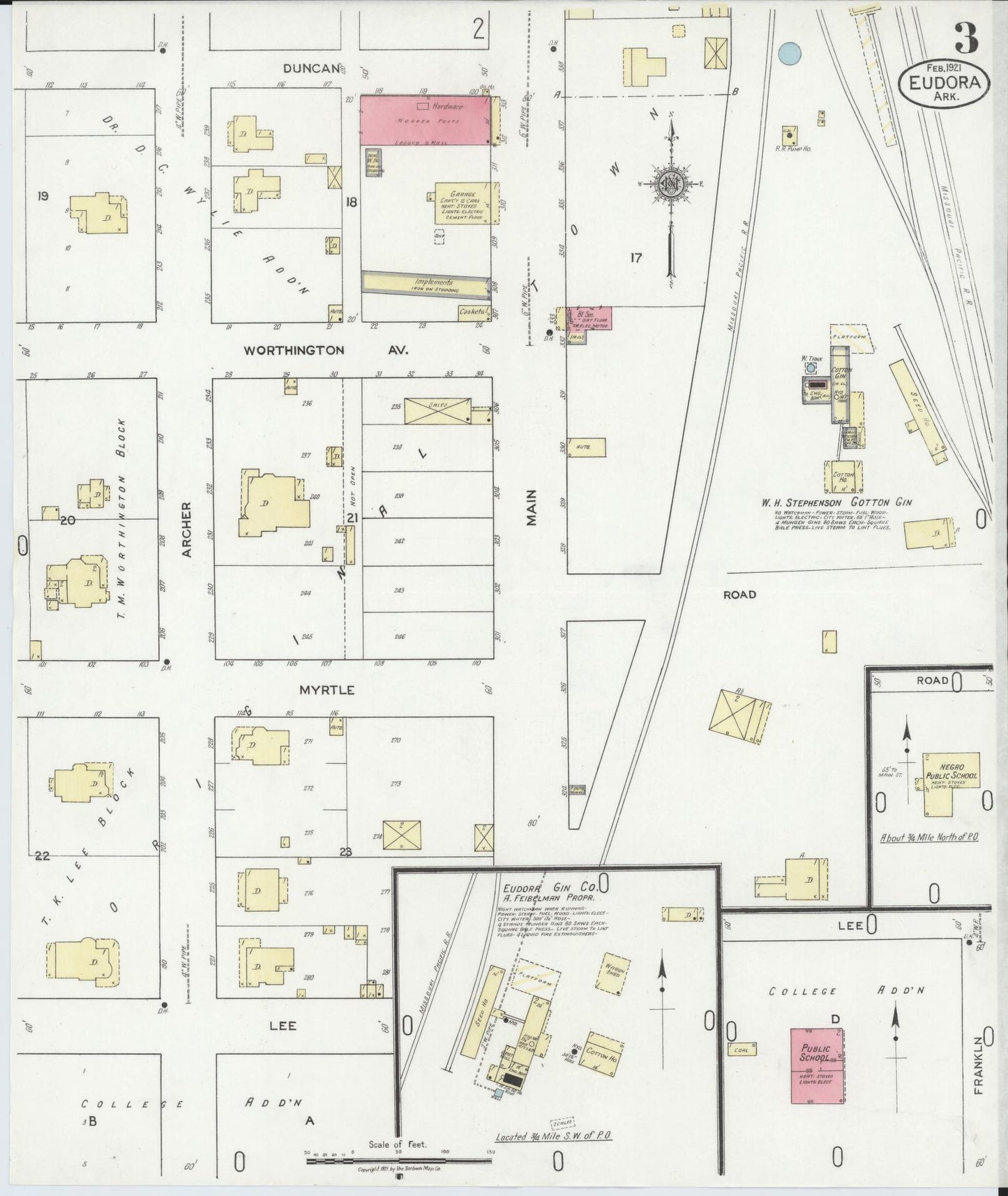 Sanborn Fire Insurance Map from Eudora, Chicot County, Arkansas (1921), Sheet #0003 - Complete Map Set gallery image, historic Sanborn map, vintage wall art, Arkansas Arkansas