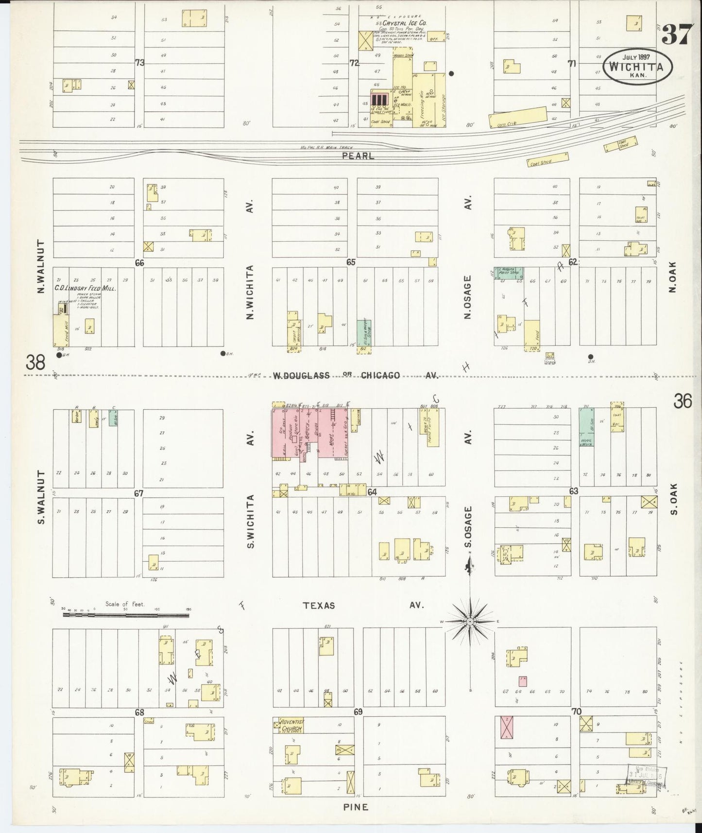 Sanborn Fire Insurance Map from Wichita, Sedgwick County, Kansas (1897), Sheet #0037 - Historic Sanborn Fire Insurance Map Print, vintage old map wall art, antique decor, genealogy gift, Kansas Kansas map