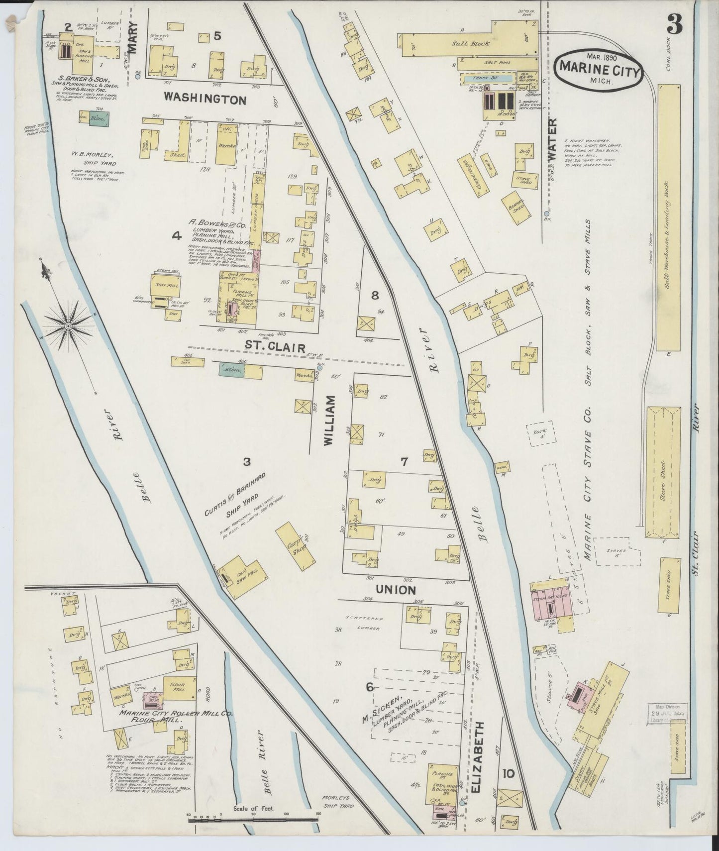 Sanborn Fire Insurance Map from Marine City, Saint Clair County, Michigan (1890), Sheet #0003 - Complete Map Set gallery image, historic Sanborn map, vintage wall art, Michigan Michigan