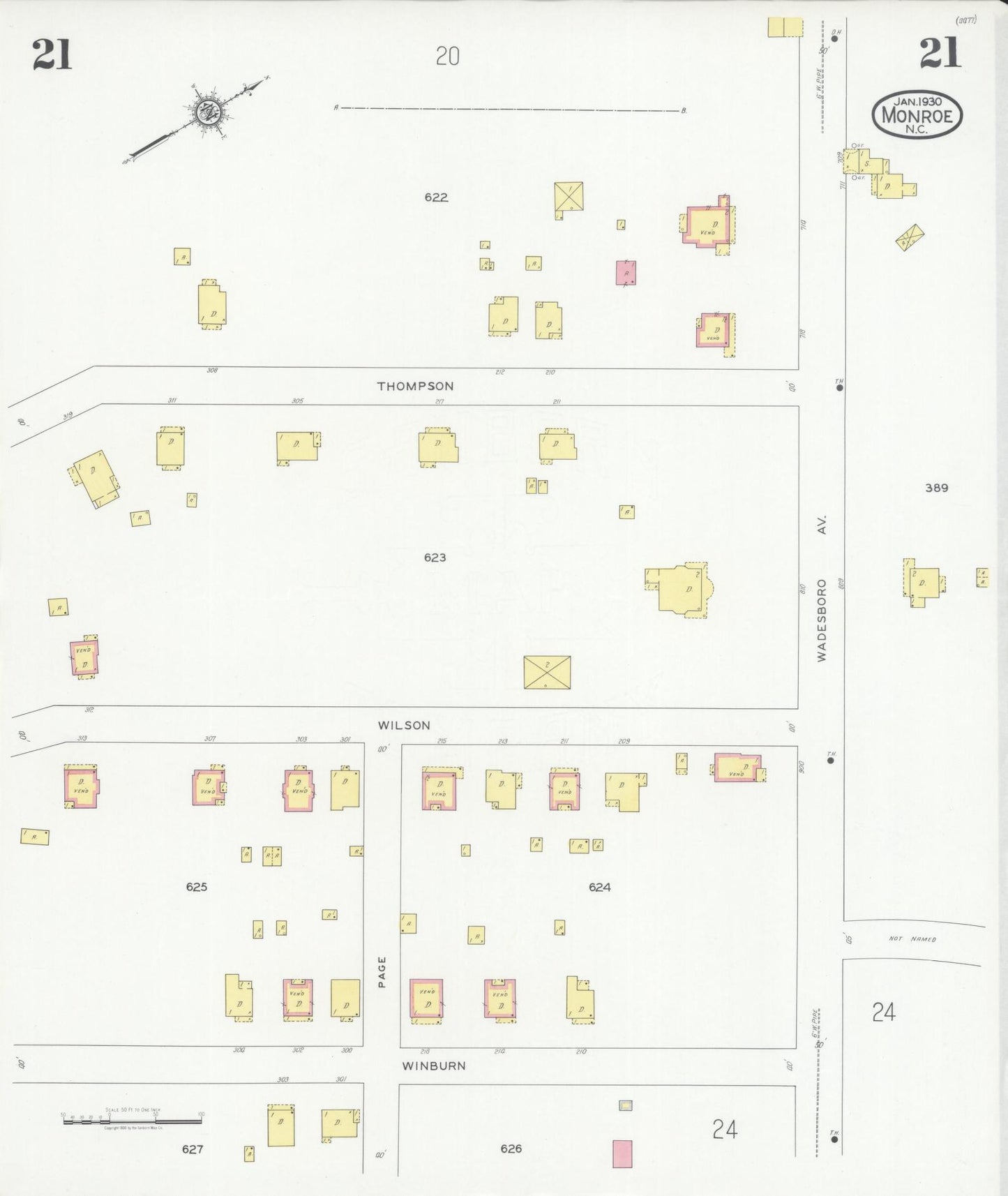 Sanborn Fire Insurance Map from Monroe, Union County, North Carolina (1930), Sheet #0021 - Historic Sanborn Fire Insurance Map Print, vintage old map wall art, antique decor, genealogy gift, North Carolina North Carolina map