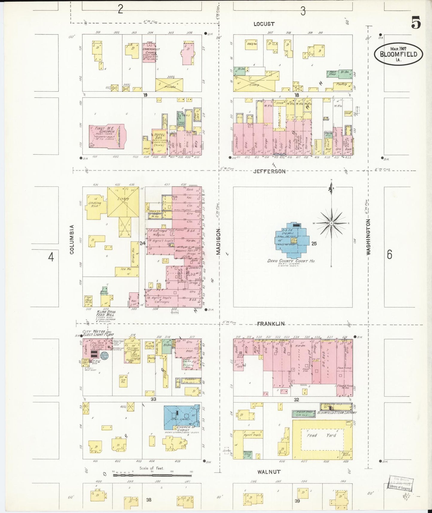 Sanborn Fire Insurance Map from Bloomfield, Davis County, Iowa (1907), Sheet #0005 - Historic Sanborn Fire Insurance Map Print, vintage old map wall art