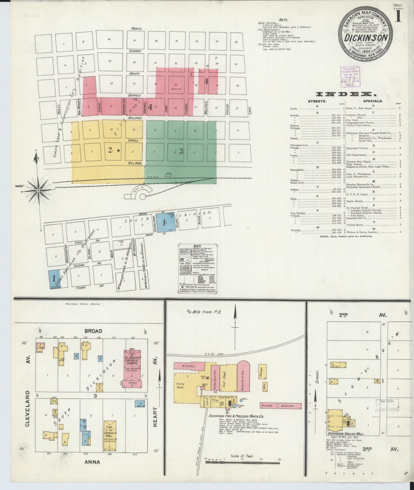 Sanborn Fire Insurance Map from Dickinson, Stark County, North Dakota (1904), Sheet #0001 - Historic Sanborn Fire Insurance Map Print, vintage old map wall art, antique decor, genealogy gift, North Dakota North Dakota map