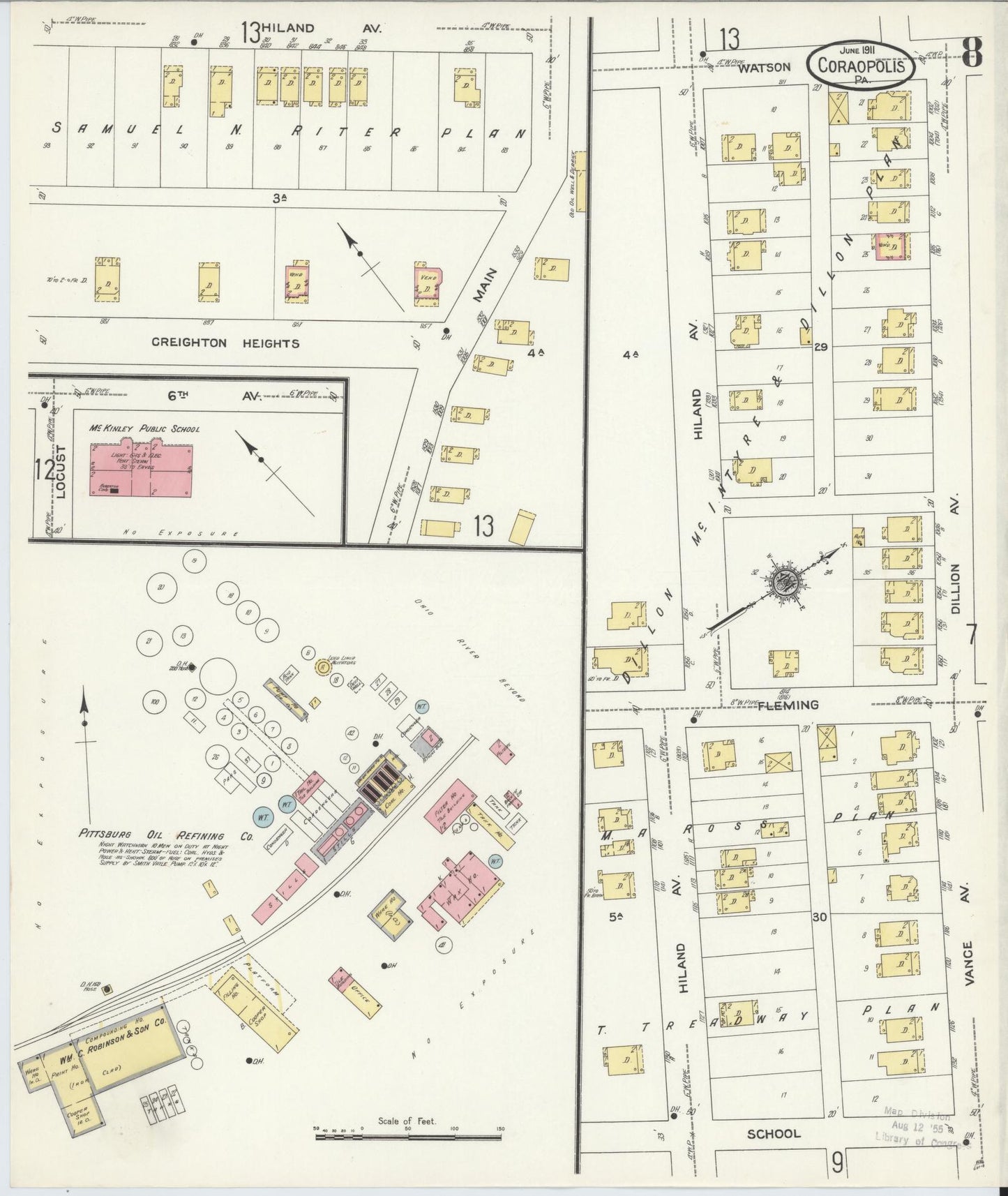 Sanborn Fire Insurance Map from Coraopolis, Allegheny County, Pennsylvania (1911), Sheet #0008 - Historic Sanborn Fire Insurance Map Print, vintage old map wall art, antique decor, genealogy gift, Pennsylvania Pennsylvania map