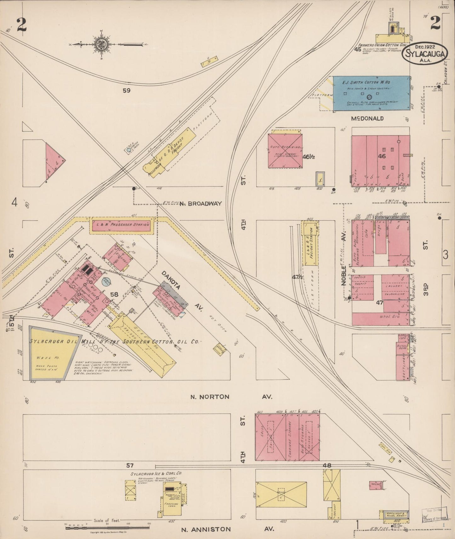 Sanborn Fire Insurance Map from Sylacauga, Talladega County, Alabama (1922), Sheet #0002 - Historic Sanborn Fire Insurance Map Print, vintage old map wall art, antique decor, genealogy gift, Alabama Alabama map