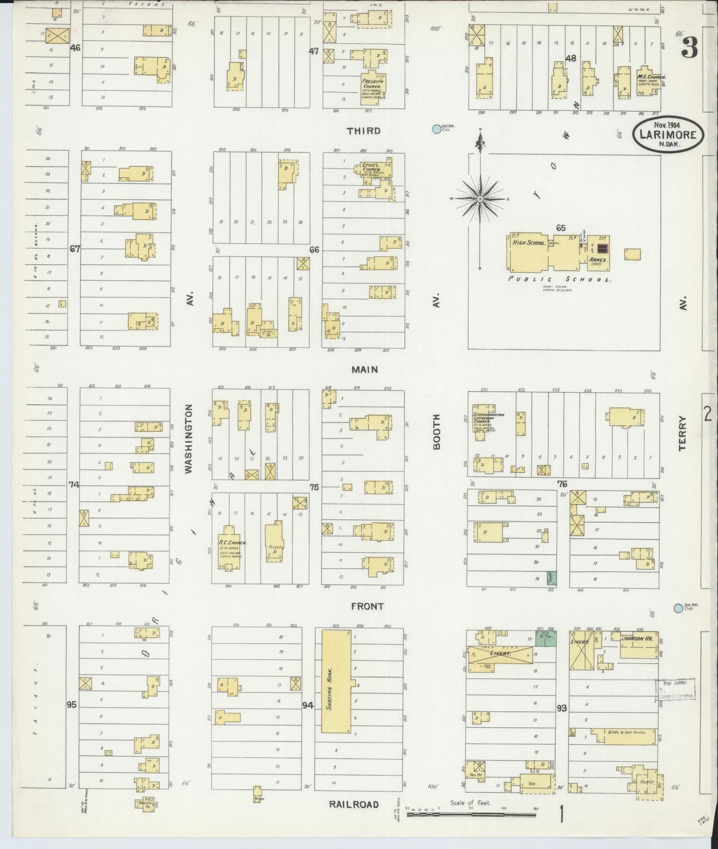 Sanborn Fire Insurance Map from Larimore, Grand Forks County, North Dakota (1904), Sheet #0003 - Complete Map Set gallery image, historic Sanborn map, vintage wall art, North Dakota North Dakota