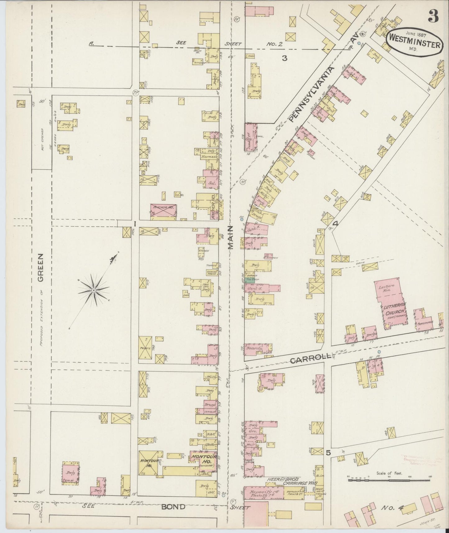 Sanborn Fire Insurance Map from Westminster, Carroll County, Maryland (1887), Sheet #0003 - Historic Sanborn Fire Insurance Map Print, vintage old map wall art, antique decor, genealogy gift, Maryland Maryland map