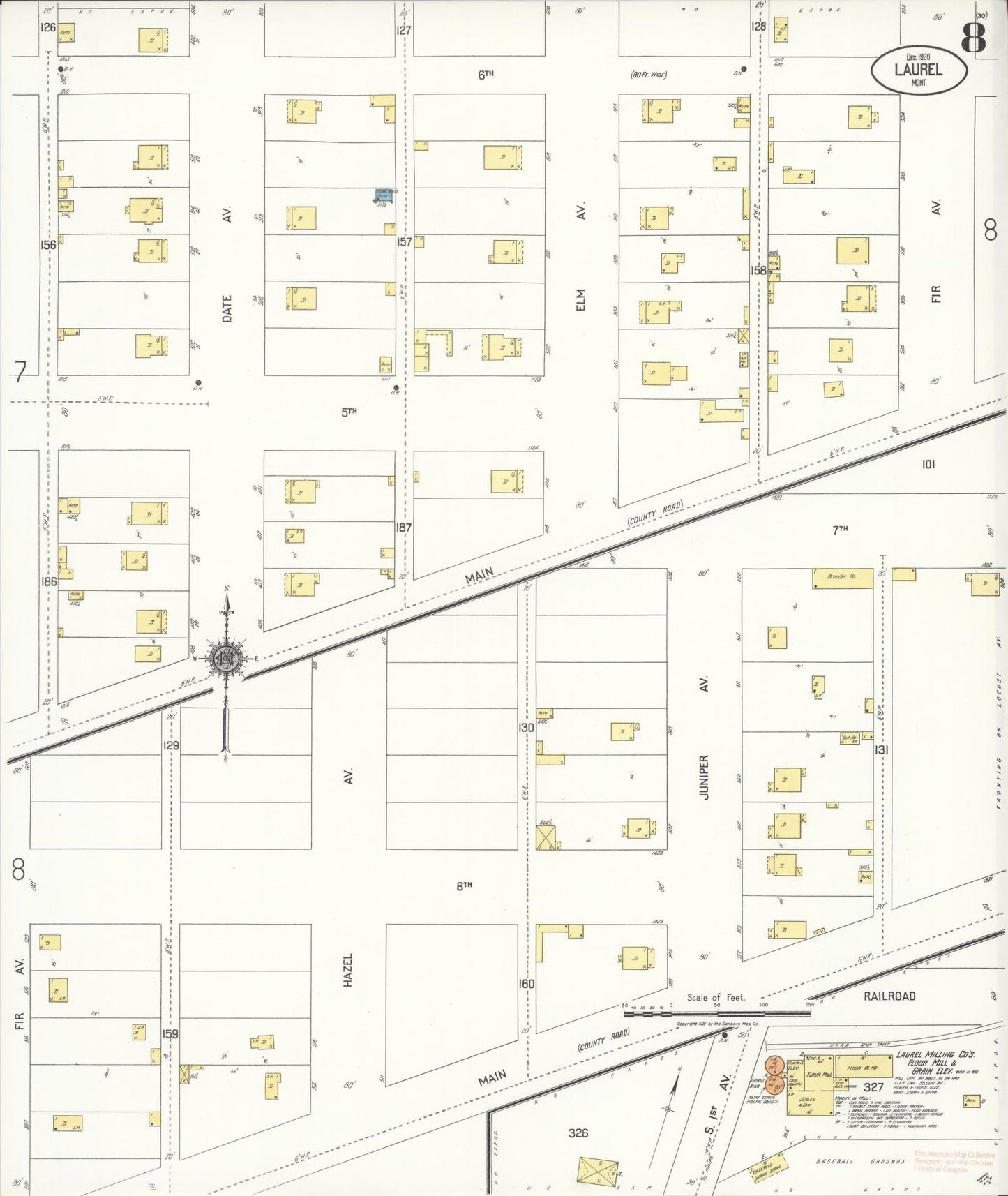 Sanborn Fire Insurance Map from Laurel, Yellowstone County, Montana (1920), Sheet #0008 - Historic Sanborn Fire Insurance Map Print, vintage old map wall art, antique decor, genealogy gift, Montana Montana map