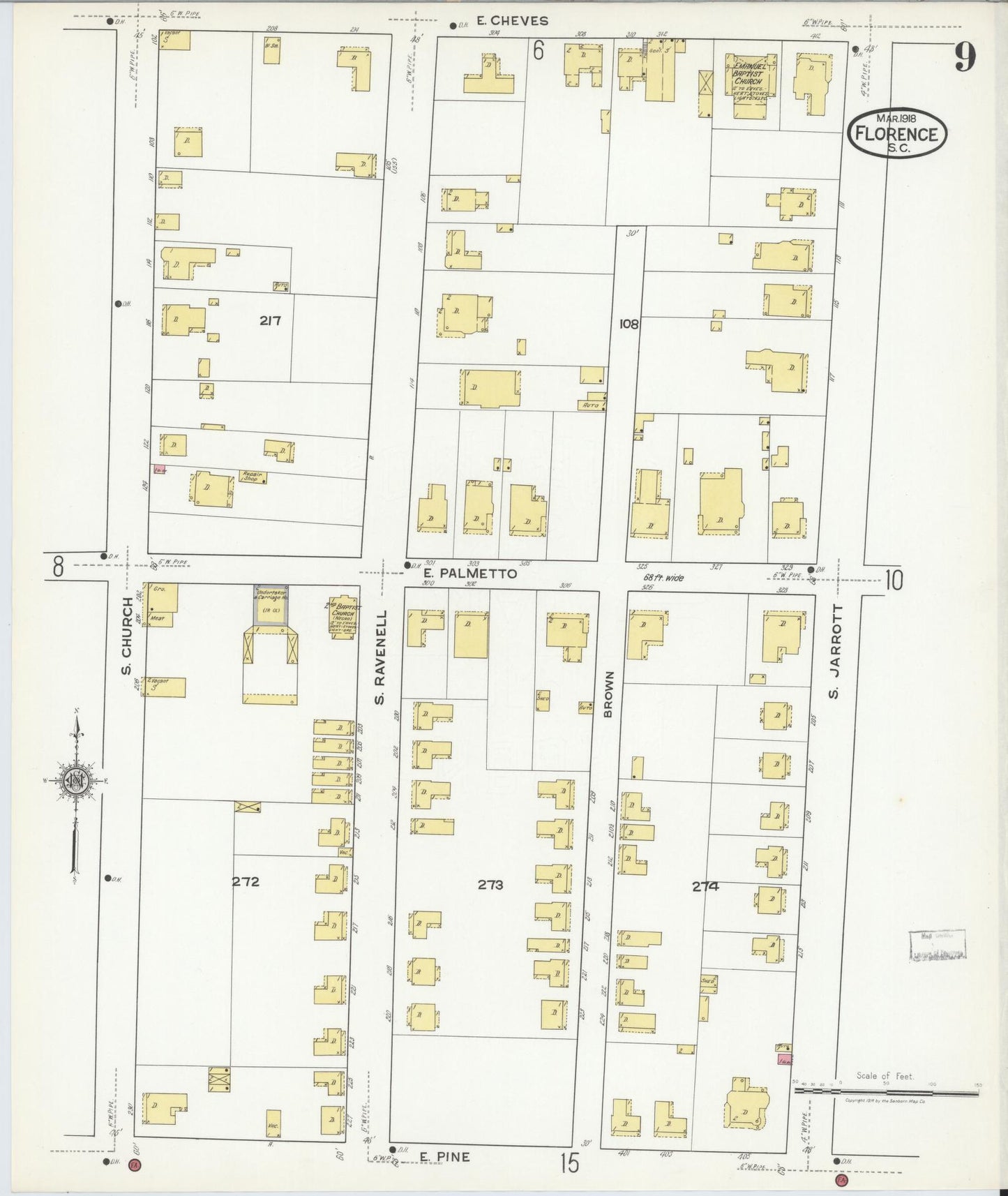 Sanborn Fire Insurance Map from Florence, Florence County, South Carolina (1918), Sheet #0009 - Historic Sanborn Fire Insurance Map Print, vintage old map wall art, antique decor, genealogy gift, South Carolina South Carolina map