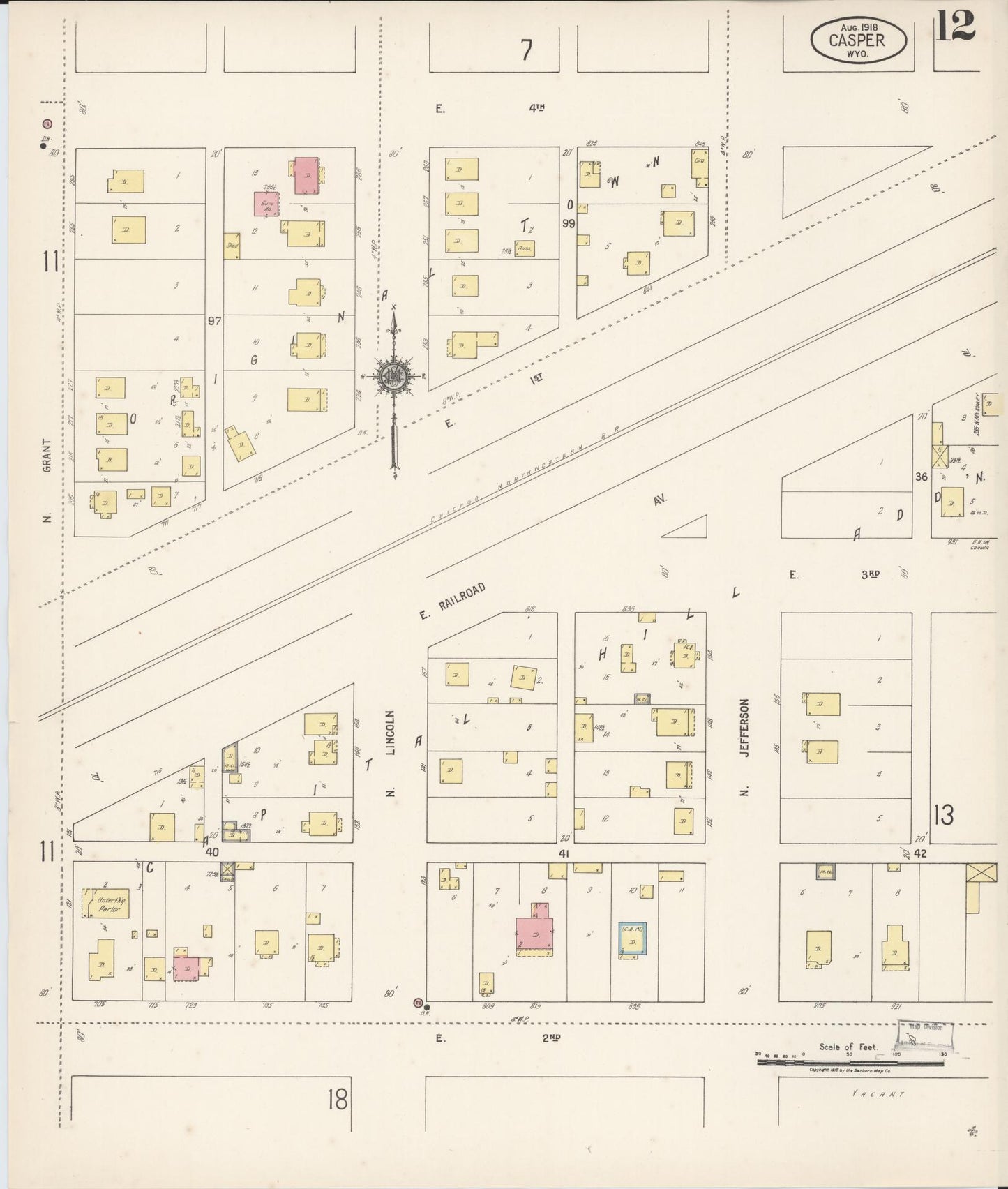 Sanborn Fire Insurance Map from Casper, Natrona County, Wyoming (1918), Sheet #0012 - Historic Sanborn Fire Insurance Map Print, vintage old map wall art, antique decor, genealogy gift, Wyoming Wyoming map