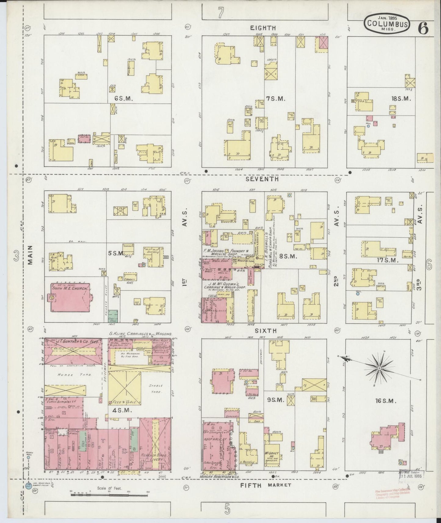 Sanborn Fire Insurance Map from Columbus, Lowndes County, Mississippi (1895), Sheet #0006 - Historic Sanborn Fire Insurance Map Print, vintage old map wall art, antique decor, genealogy gift, Mississippi Mississippi map