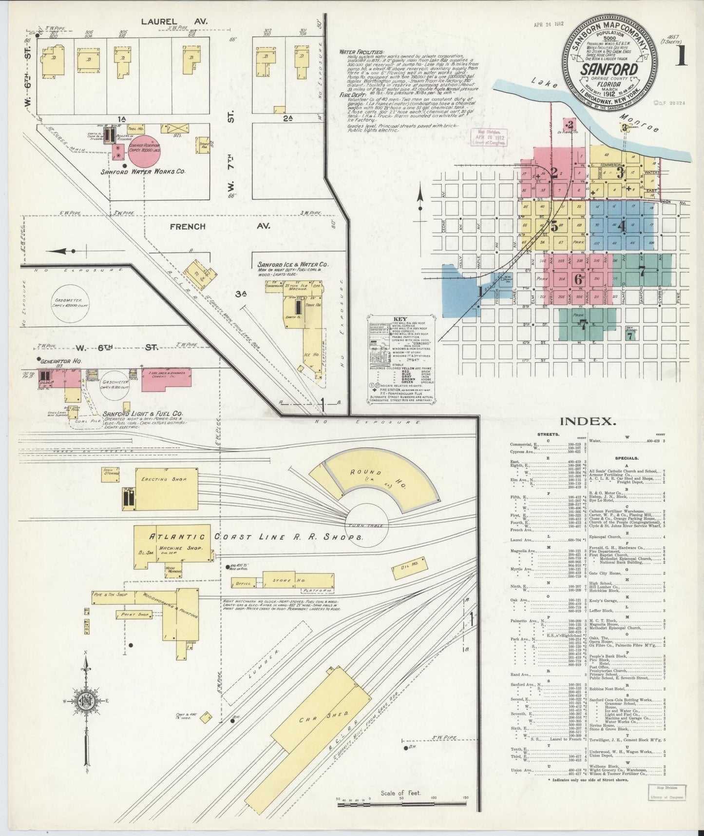 Sanborn Fire Insurance Map from Sanford, Seminole County, Florida (1912), Sheet #0001 - Historic Sanborn Fire Insurance Map Print, vintage old map wall art, antique decor, genealogy gift, Florida Florida map