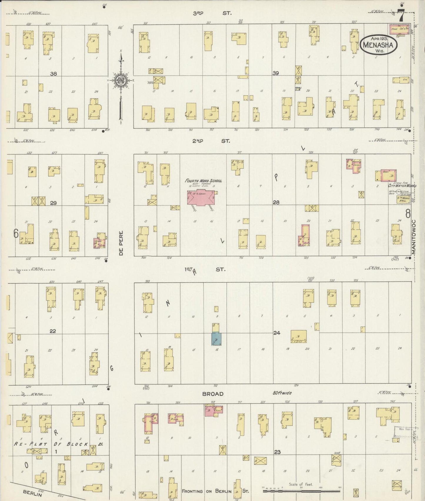 Sanborn Fire Insurance Map from Menasha, Winnebago County, Wisconsin (1913), Sheet #0007 - Historic Sanborn Fire Insurance Map Print, vintage old map wall art, antique decor, genealogy gift, Wisconsin Wisconsin map