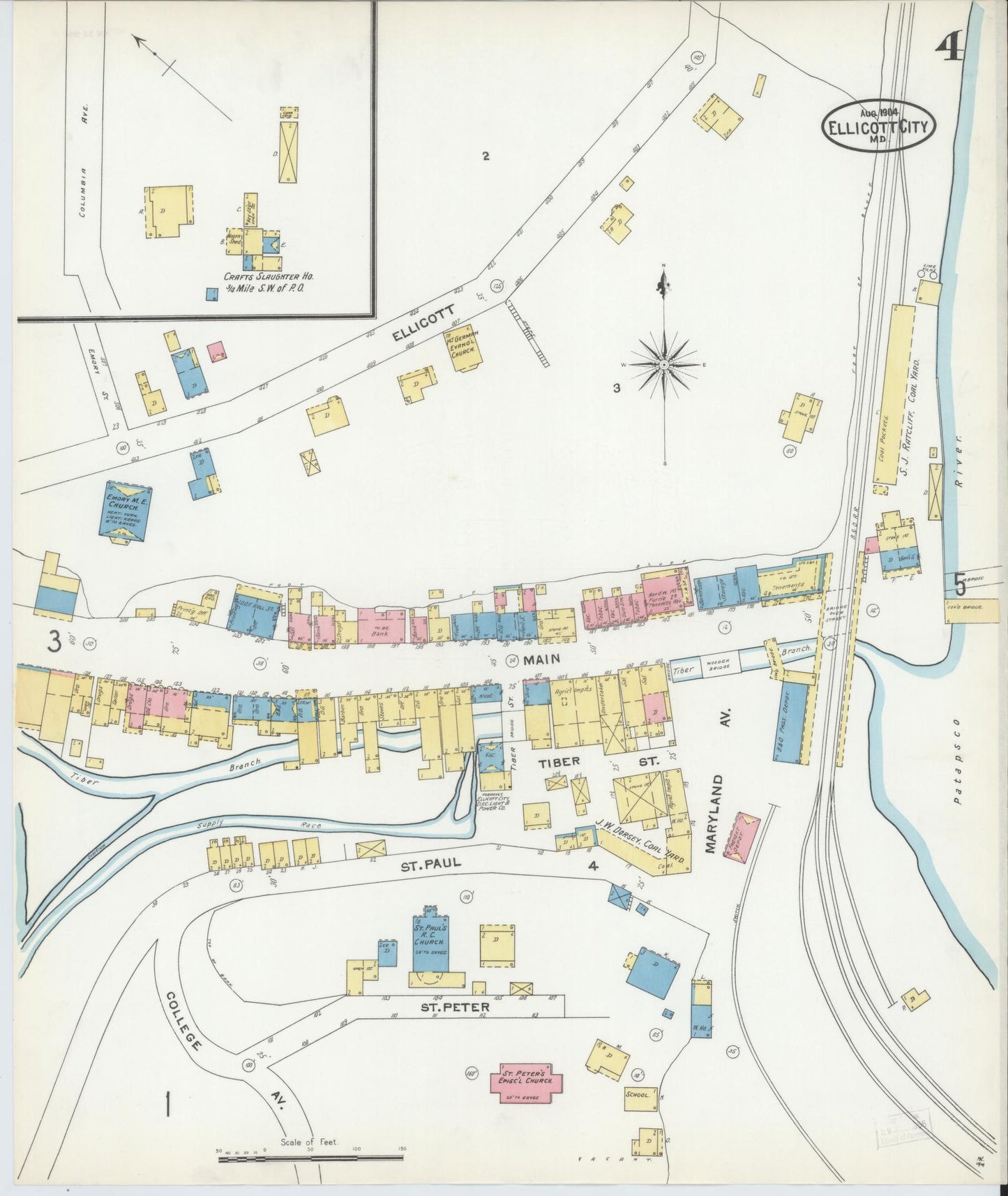 Sanborn Fire Insurance Map from Ellicott City, Howard County, Maryland (1904), Sheet #0004 - Historic Sanborn Fire Insurance Map Print, vintage old map wall art, antique decor, genealogy gift, Maryland Maryland map