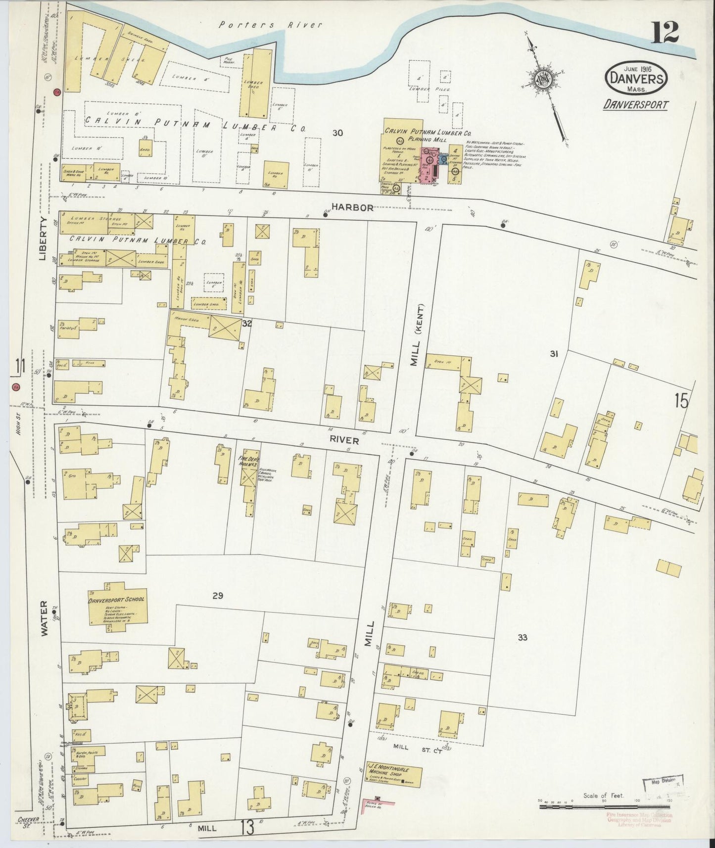 Sanborn Fire Insurance Map from Danvers, Essex County, Massachusetts (1916), Sheet #0012 - Historic Sanborn Fire Insurance Map Print, vintage old map wall art, antique decor, genealogy gift, Massachusetts Massachusetts map