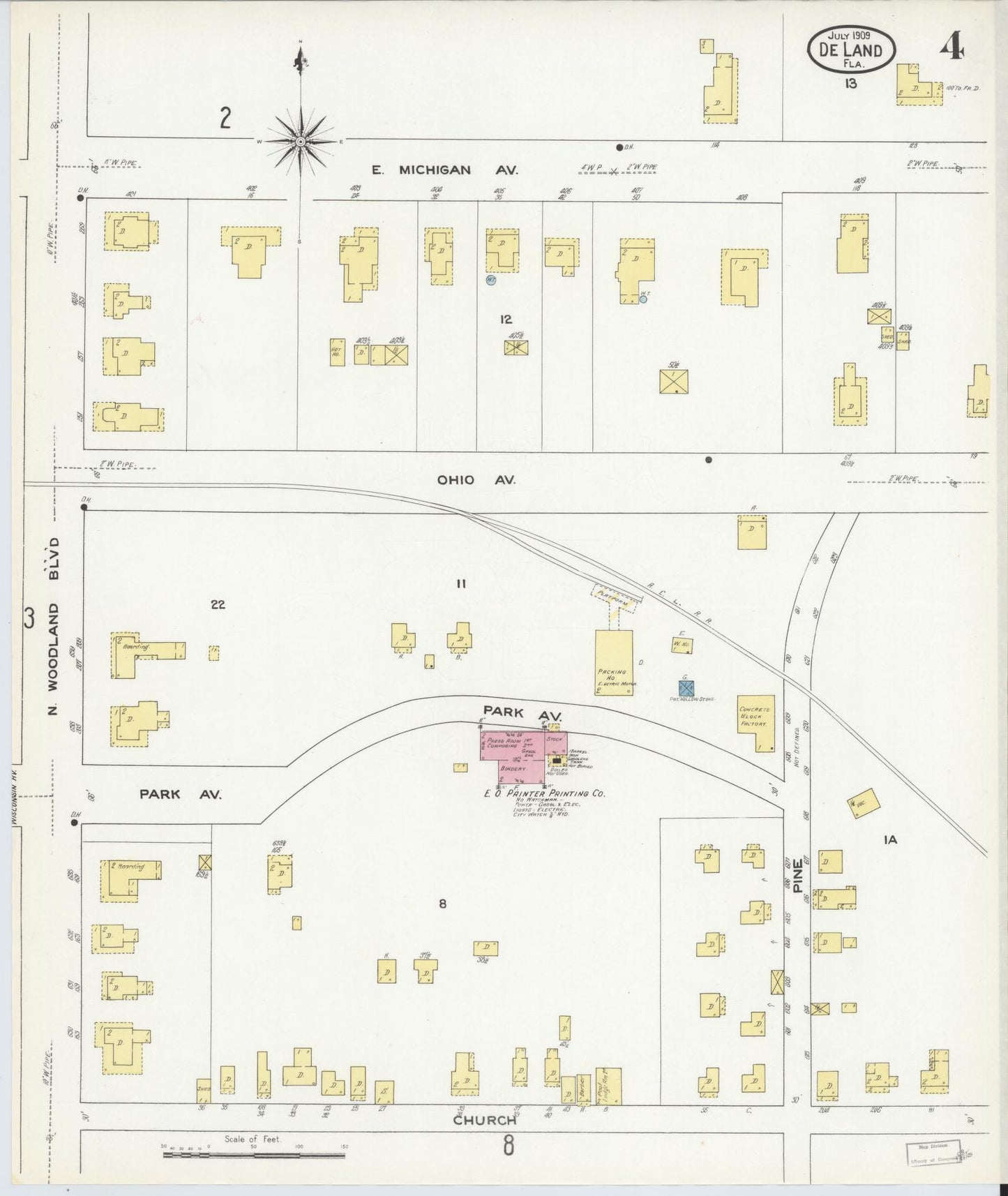 Sanborn Fire Insurance Map from De Land, Volusia County, Florida (1909), Sheet #0004 - Historic Sanborn Fire Insurance Map Print, vintage old map wall art, antique decor, genealogy gift, Florida Florida map