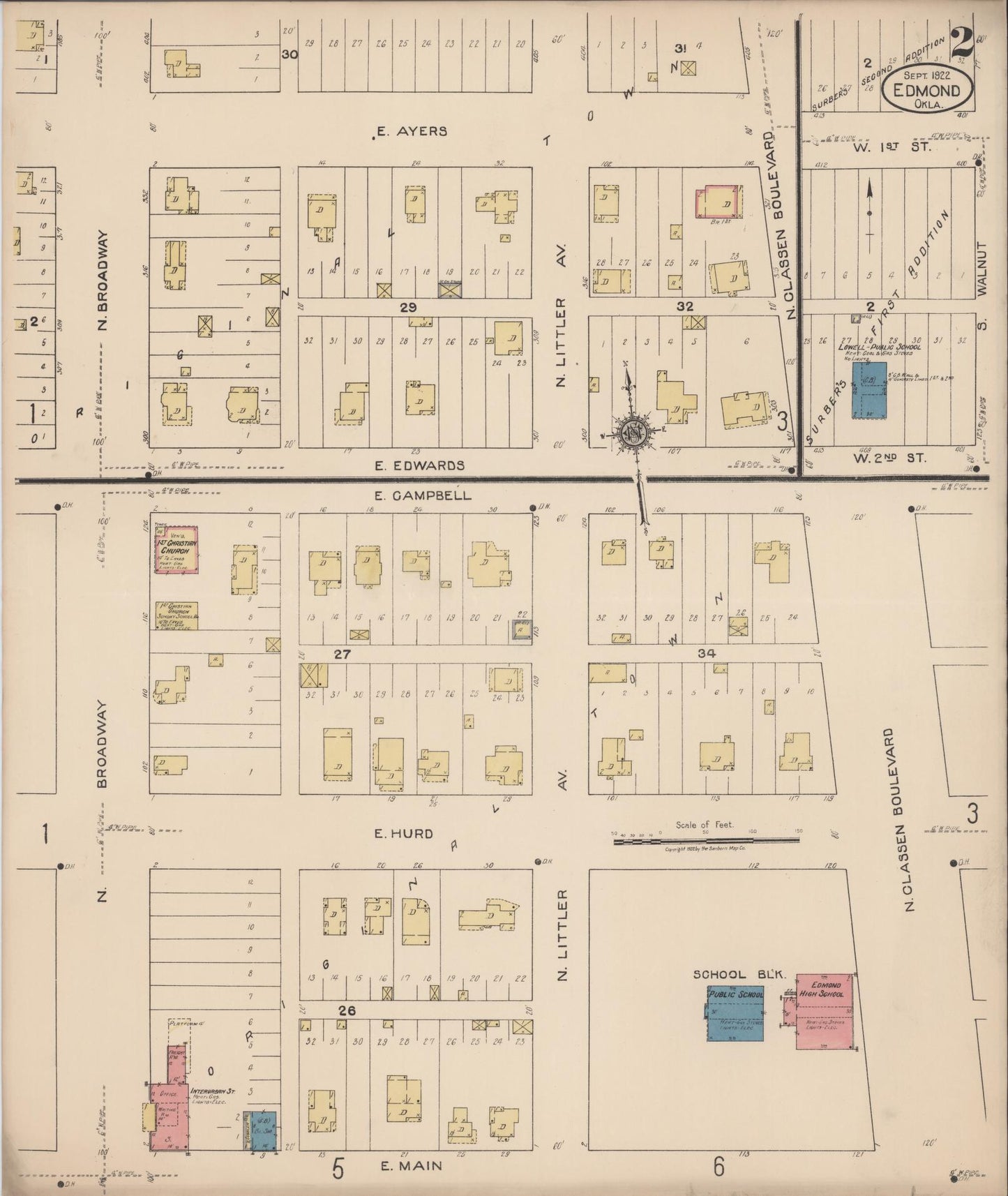 Sanborn Fire Insurance Map from Edmond, Oklahoma County, Oklahoma (1922), Sheet #0002 - Historic Sanborn Fire Insurance Map Print, vintage old map wall art, antique decor, genealogy gift, Edmond Oklahoma map