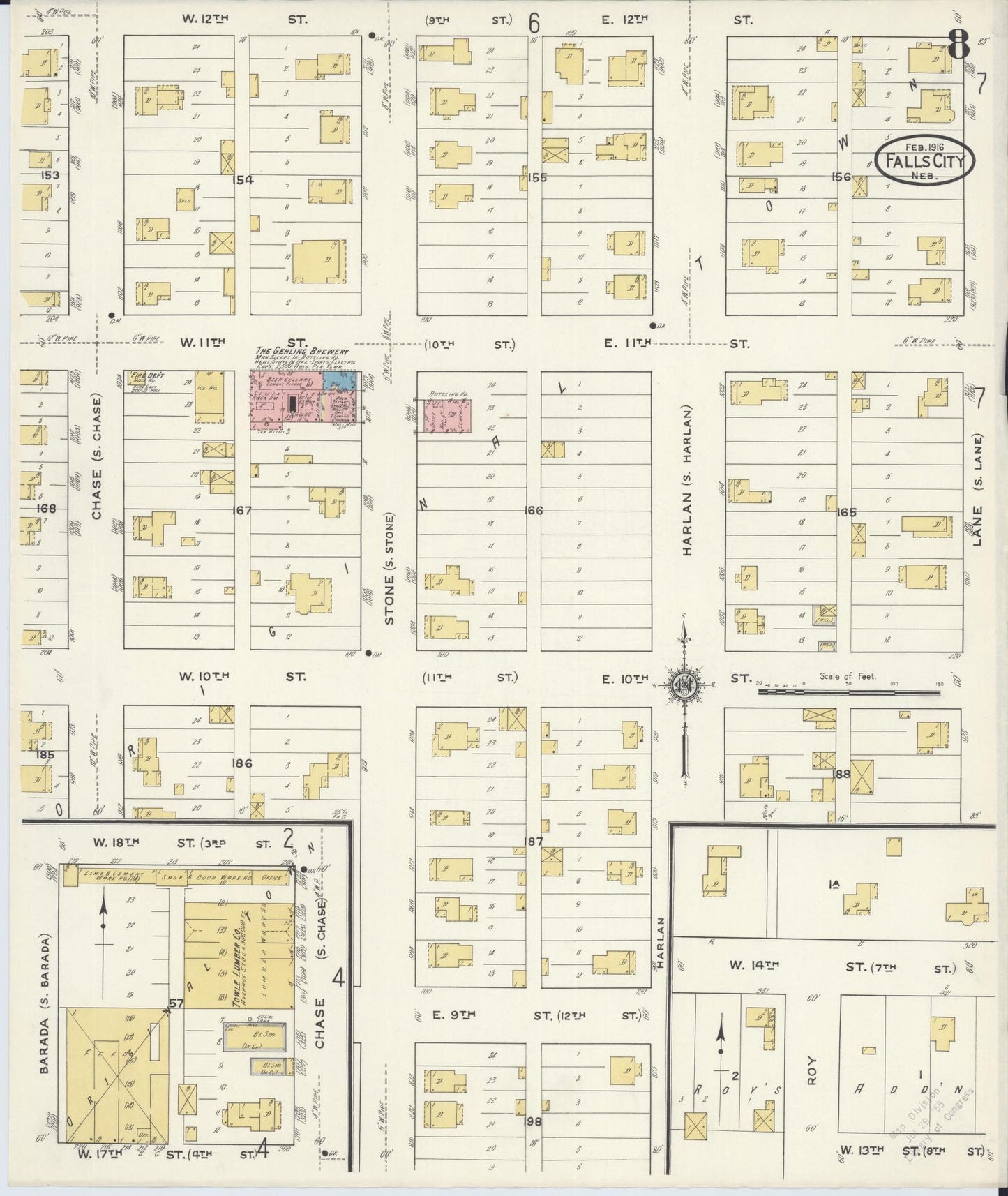 Sanborn Fire Insurance Map from Falls City, Richardson County, Nebraska (1916), Sheet #0008 - Historic Sanborn Fire Insurance Map Print, vintage old map wall art, antique decor, genealogy gift, Nebraska Nebraska map