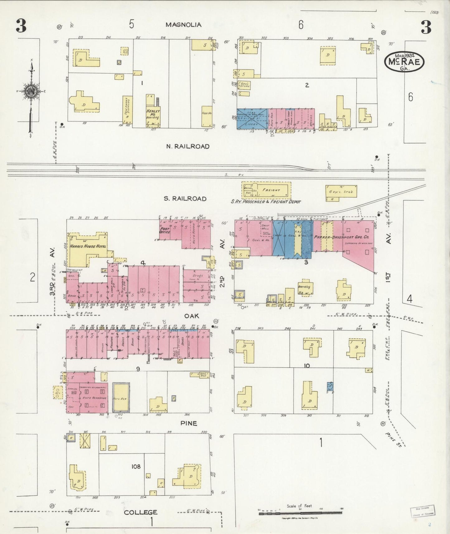 Sanborn Fire Insurance Map from Mcrae, Telfair County, Georgia (1924), Sheet #0003 - Historic Sanborn Fire Insurance Map Print, vintage old map wall art, antique decor, genealogy gift, Georgia Georgia map
