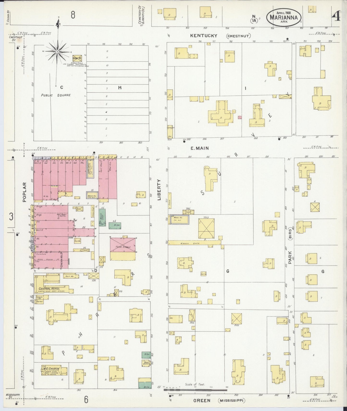 Sanborn Fire Insurance Map from Marianna, Lee County, Arkansas (1908), Sheet #0004 - Historic Sanborn Fire Insurance Map Print, vintage old map wall art, antique decor, genealogy gift, Arkansas Arkansas map