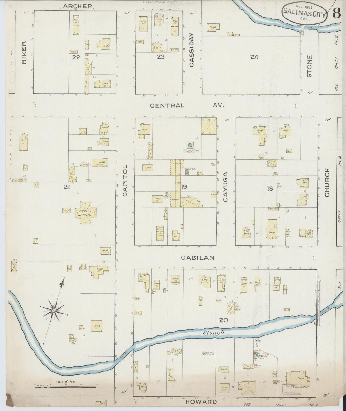 Sanborn Fire Insurance Map from Salinas, Monterey County, California (1886), Sheet #0008 - Complete Map Set gallery image, historic Sanborn map, vintage wall art, California California