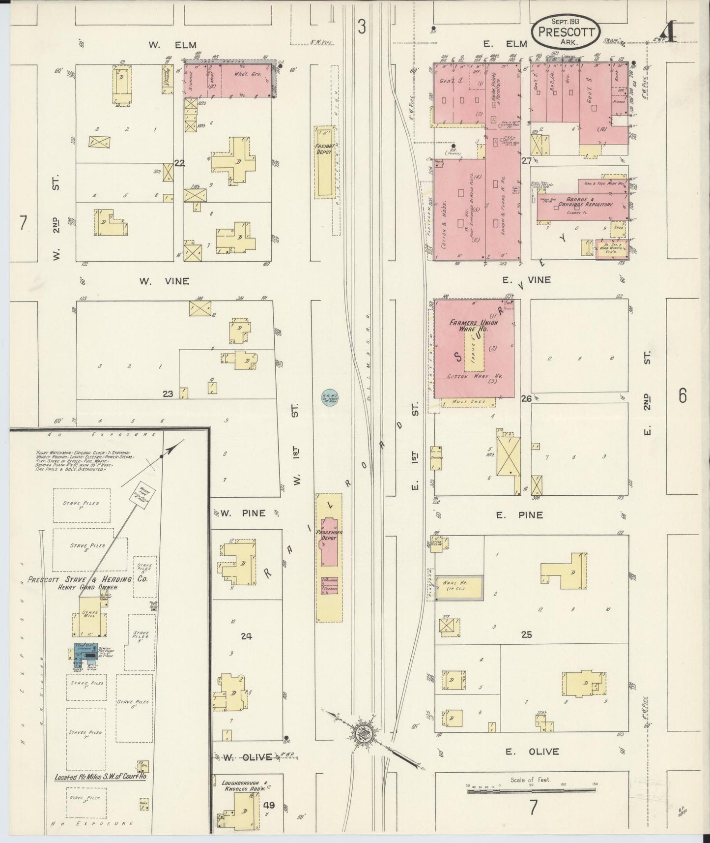 Sanborn Fire Insurance Map from Prescott, Nevada County, Arkansas (1913), Sheet #0004 - Historic Sanborn Fire Insurance Map Print, vintage old map wall art, antique decor, genealogy gift, Arkansas Arkansas map