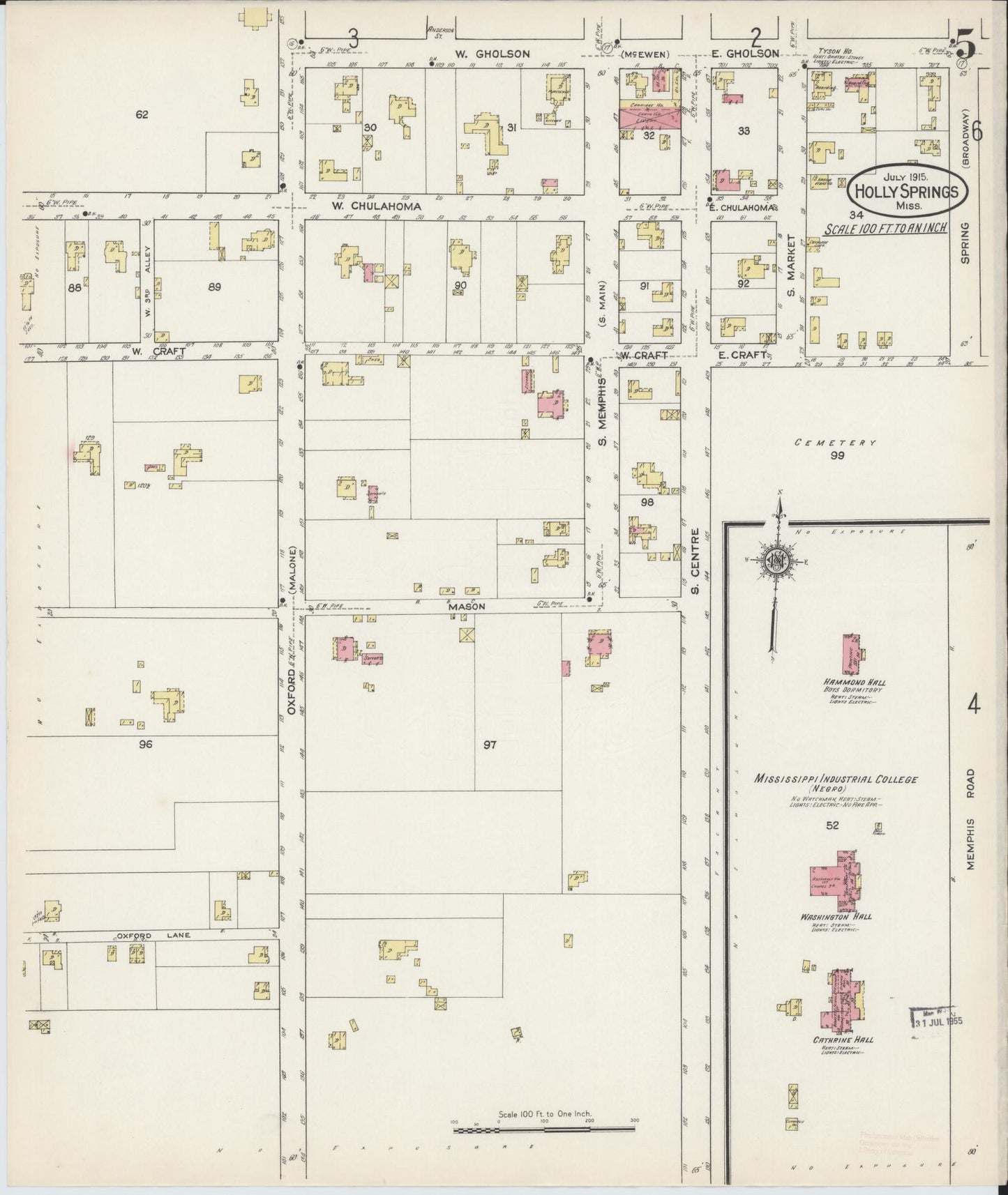 Sanborn Fire Insurance Map from Holly Springs, Marshall County, Mississippi (1915), Sheet #0005 - Historic Sanborn Fire Insurance Map Print, vintage old map wall art, antique decor, genealogy gift, Mississippi Mississippi map