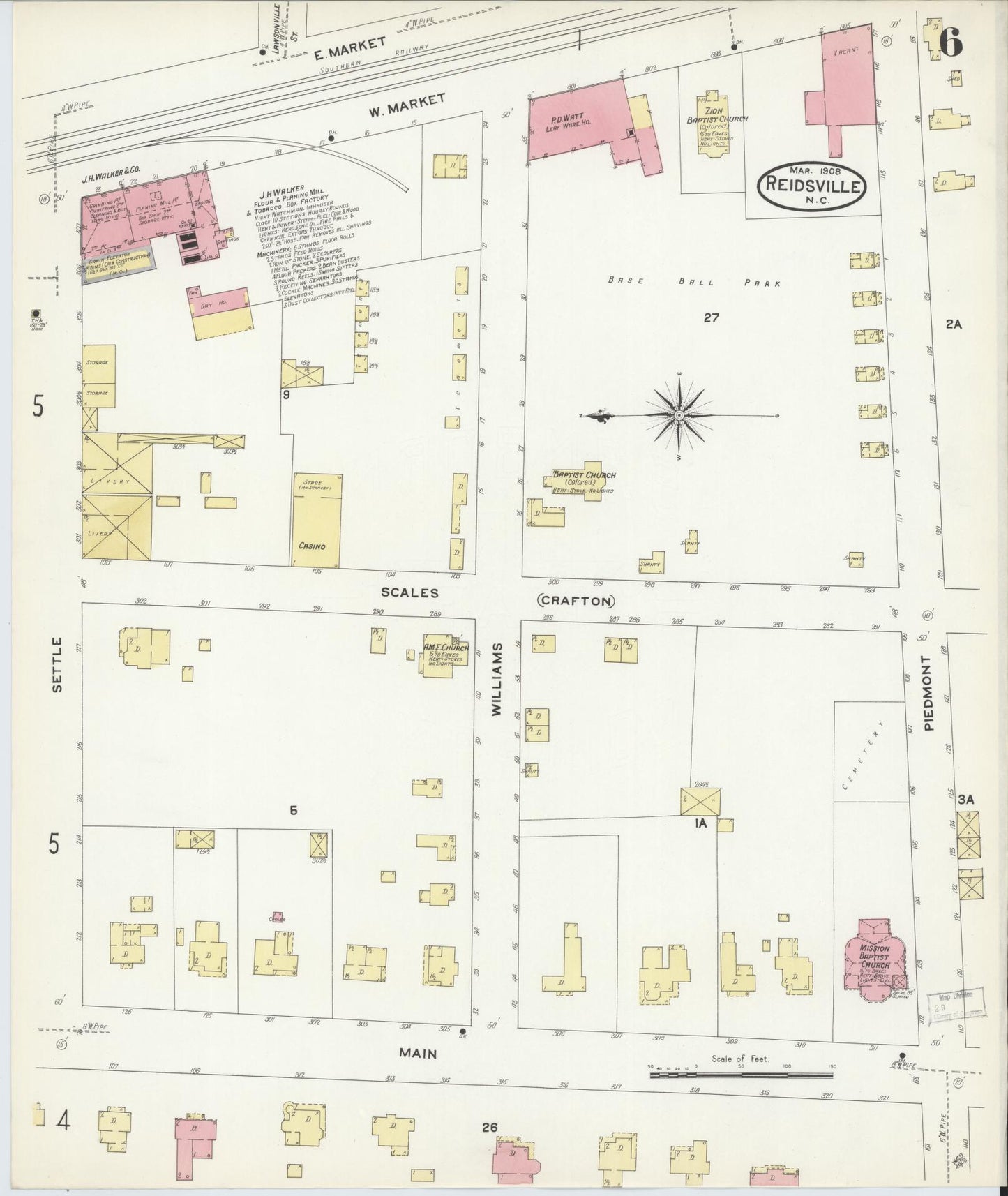 Sanborn Fire Insurance Map from Reidsville, Rockingham County, North Carolina (1908), Sheet #0006 - Complete Map Set gallery image, historic Sanborn map, vintage wall art, North Carolina North Carolina