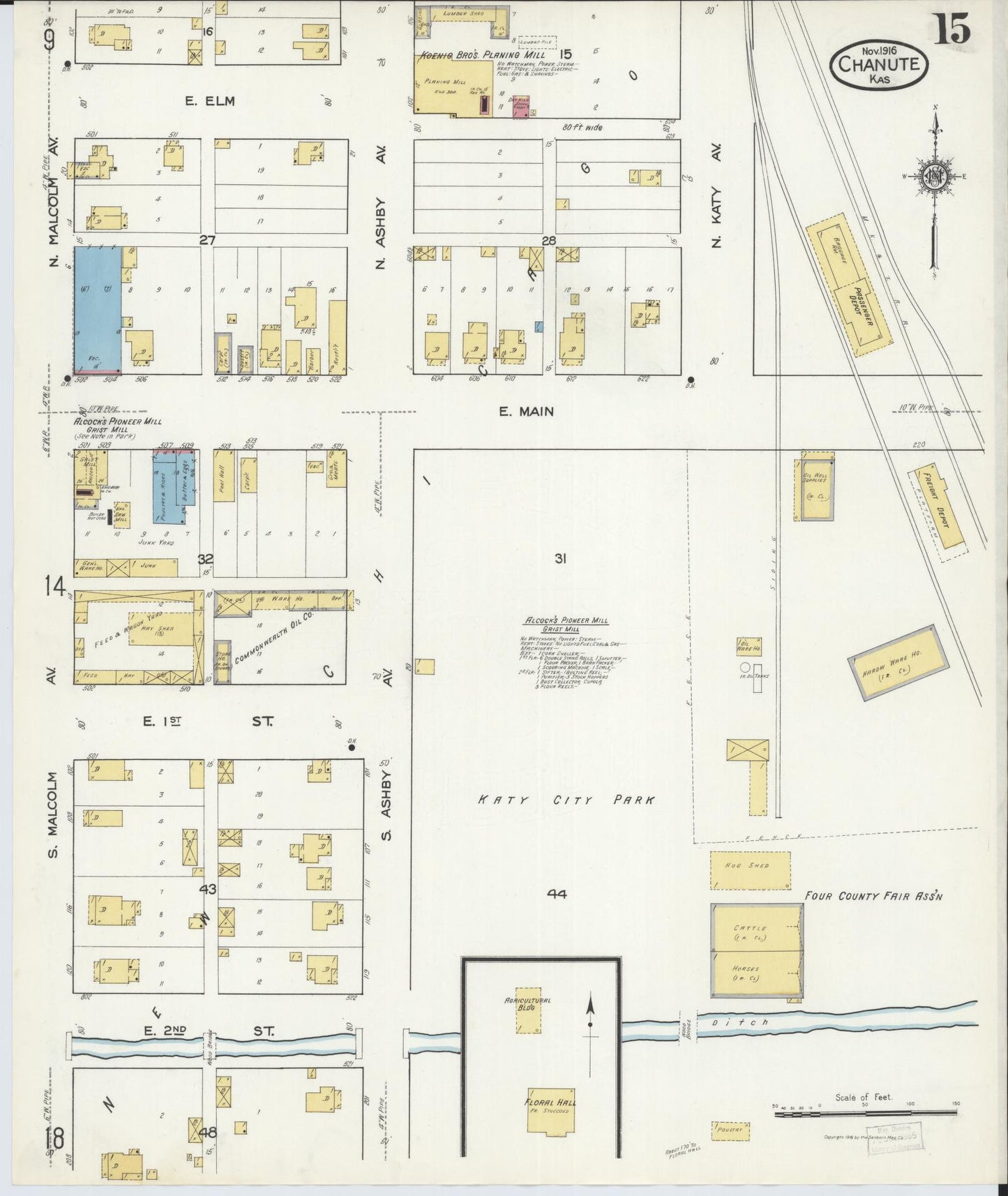 Sanborn Fire Insurance Map from Chanute, Neosho County, Kansas (1916), Sheet #0015 - Historic Sanborn Fire Insurance Map Print, vintage old map wall art, antique decor, genealogy gift, Kansas Kansas map