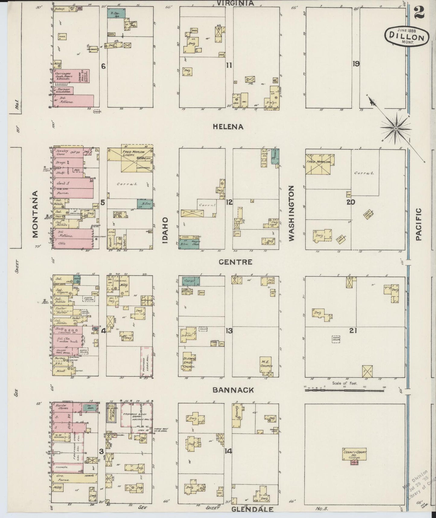 Sanborn Fire Insurance Map from Dillon, Beaverhead County, Montana (1888), Sheet #0002 - Historic Sanborn Fire Insurance Map Print, vintage old map wall art, antique decor, genealogy gift, Montana Montana map