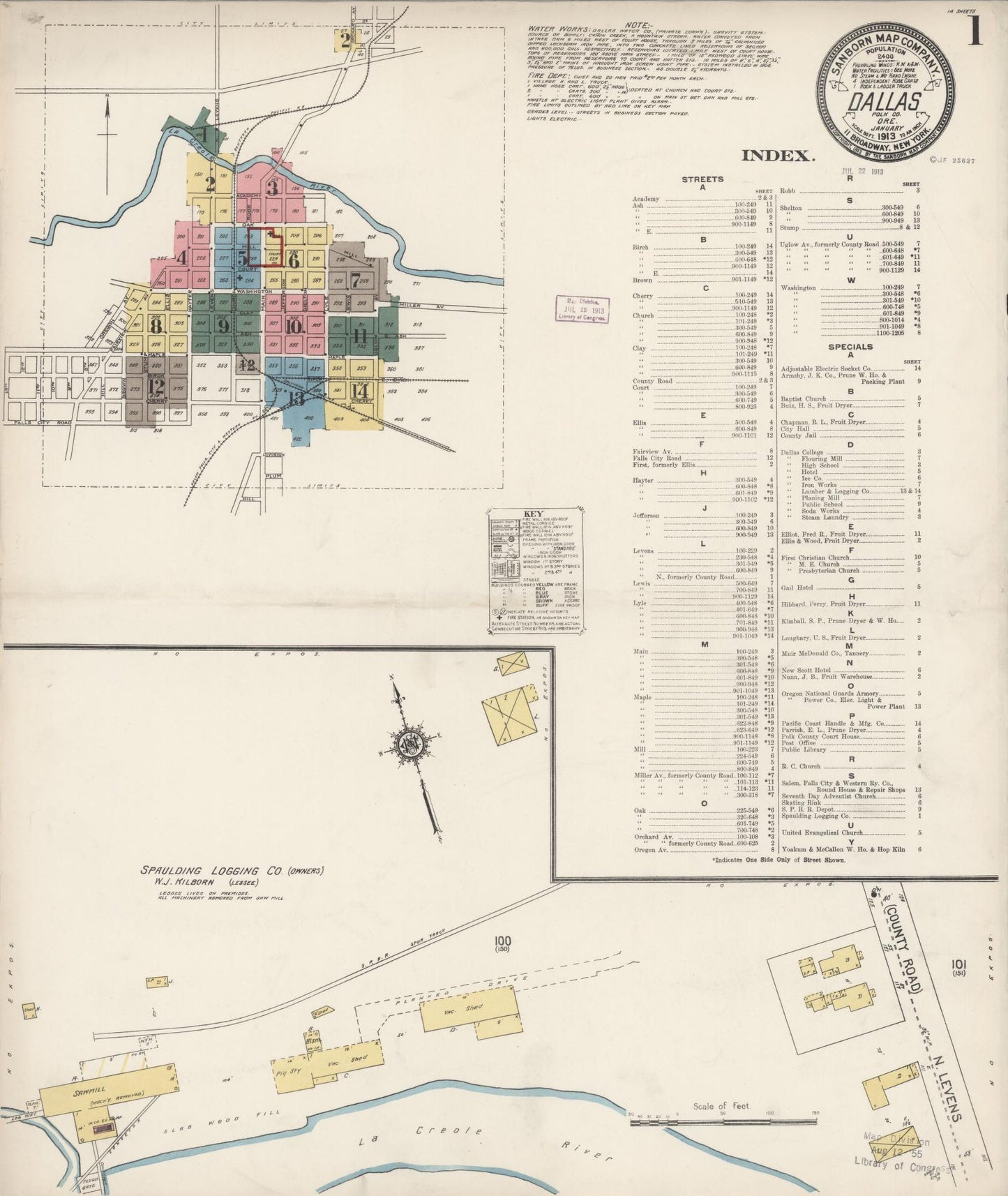 Sanborn Fire Insurance Map from Dallas, Polk County, Oregon (1913), Sheet #0001 - Historic Sanborn Fire Insurance Map Print, vintage old map wall art, antique decor, genealogy gift, Oregon Oregon map
