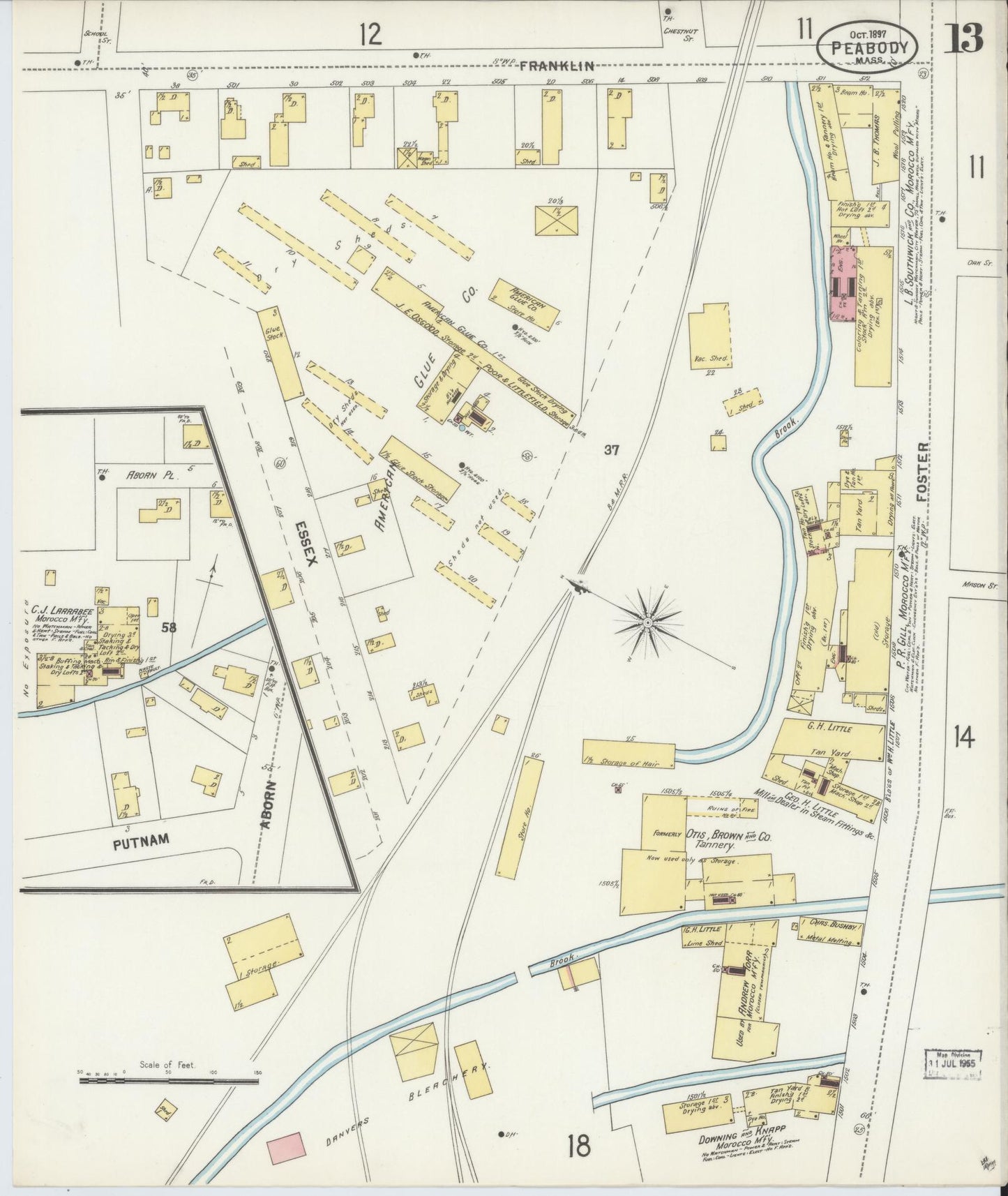 Sanborn Fire Insurance Map from Peabody, Essex County, Massachusetts (1897), Sheet #0013 - Historic Sanborn Fire Insurance Map Print, vintage old map wall art, antique decor, genealogy gift, Massachusetts Massachusetts map