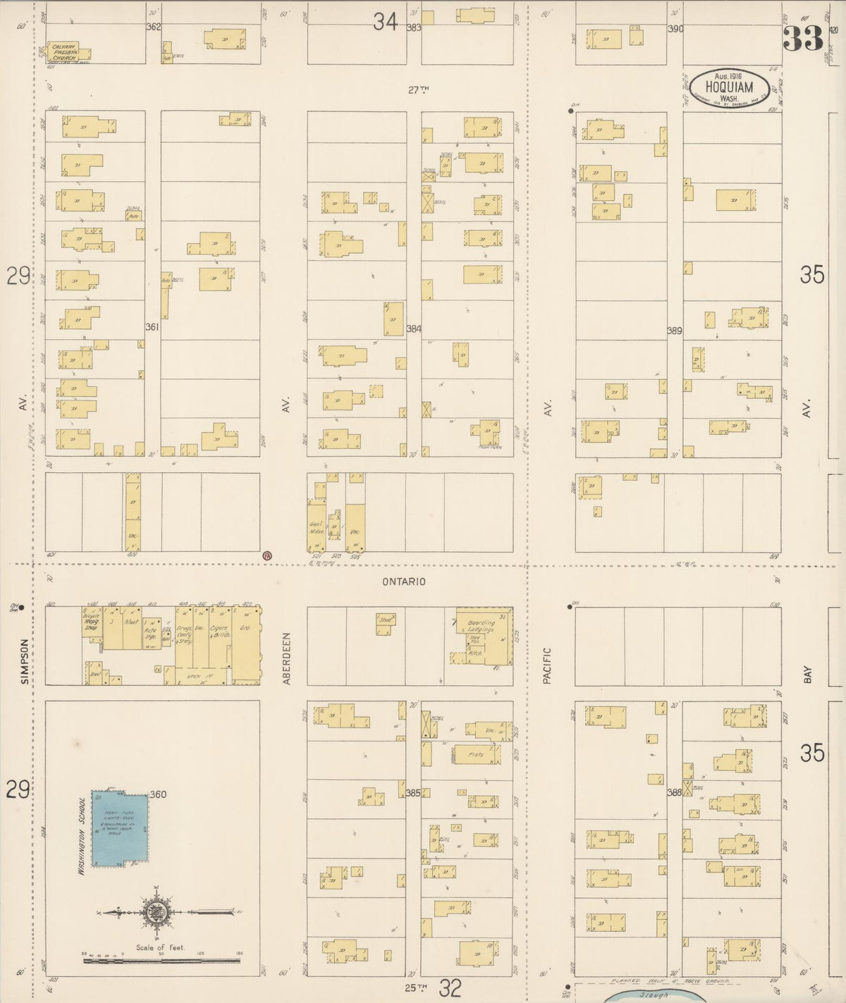Sanborn Fire Insurance Map from Hoquiam, Grays Harbor County, Washington (1916), Sheet #0033 - Historic Sanborn Fire Insurance Map Print, vintage old map wall art, antique decor, genealogy gift, Washington Washington map