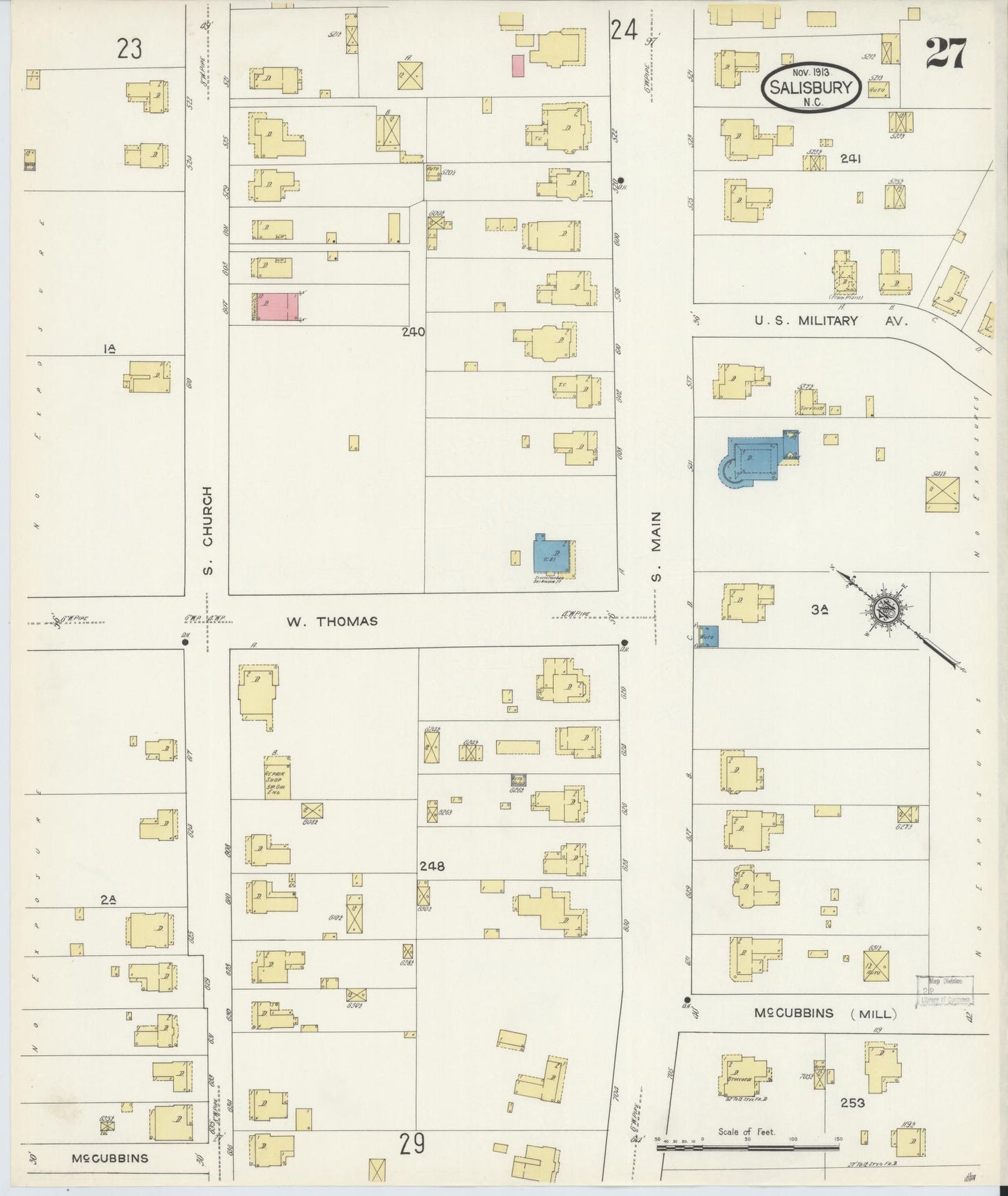 Sanborn Fire Insurance Map from Salisbury, Rowan County, North Carolina (1913), Sheet #0027 - Historic Sanborn Fire Insurance Map Print, vintage old map wall art, antique decor, genealogy gift, North Carolina North Carolina map