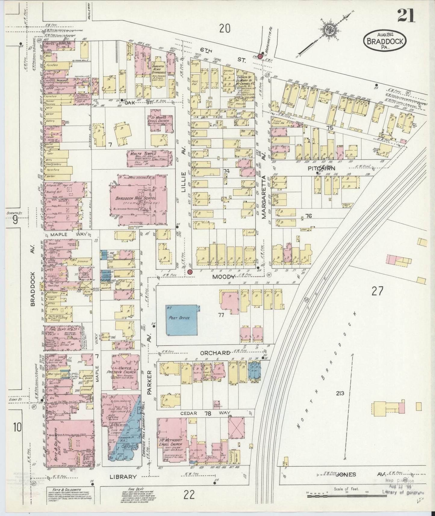Sanborn Fire Insurance Map from Braddock, Allegheny County, Pennsylvania (1914), Sheet #0021 - Historic Sanborn Fire Insurance Map Print, vintage old map wall art, antique decor, genealogy gift, Pennsylvania Pennsylvania map