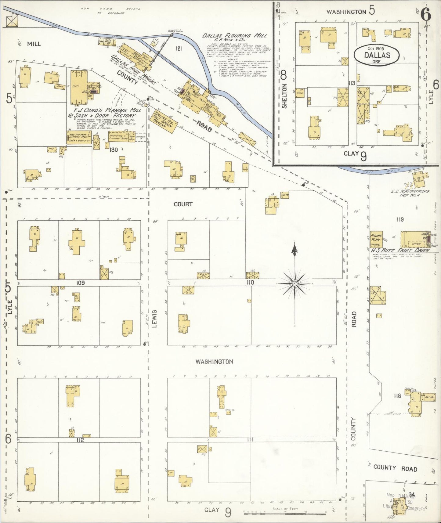 Sanborn Fire Insurance Map from Dallas, Polk County, Oregon (1905), Sheet #0006 - Historic Sanborn Fire Insurance Map Print, vintage old map wall art, antique decor, genealogy gift, Oregon Oregon map