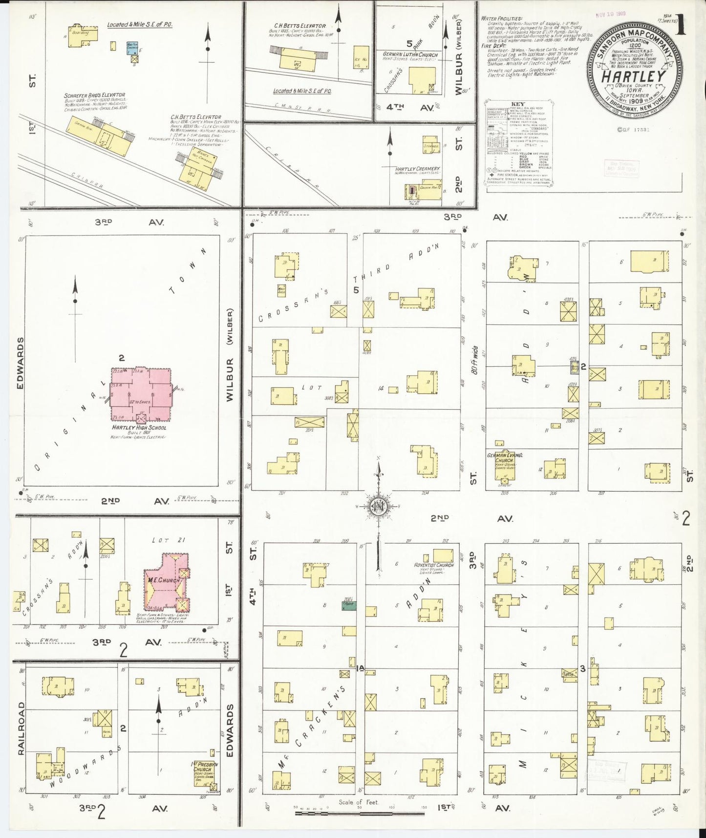 Sanborn Fire Insurance Map from Hartley, O'Brien County, Iowa (1909), Sheet #0001 - Historic Sanborn Fire Insurance Map Print, vintage old map wall art