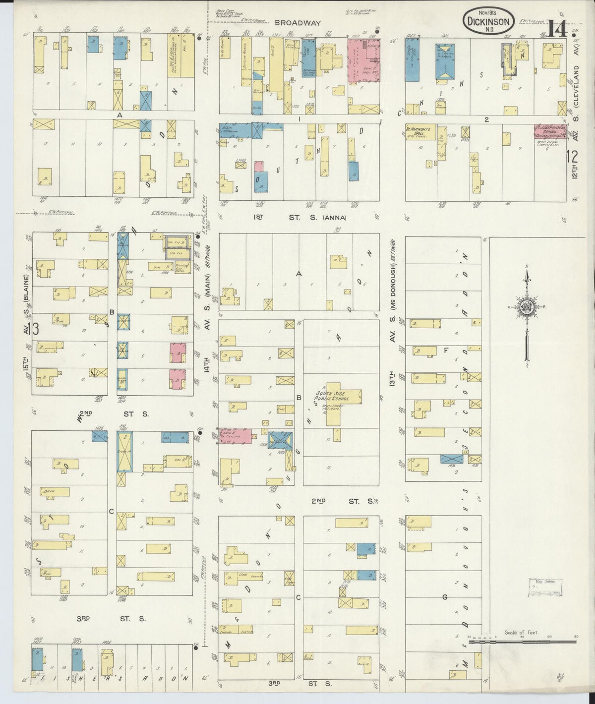 Sanborn Fire Insurance Map from Dickinson, Stark County, North Dakota (1913), Sheet #0014 - Complete Map Set gallery image, historic Sanborn map, vintage wall art, North Dakota North Dakota